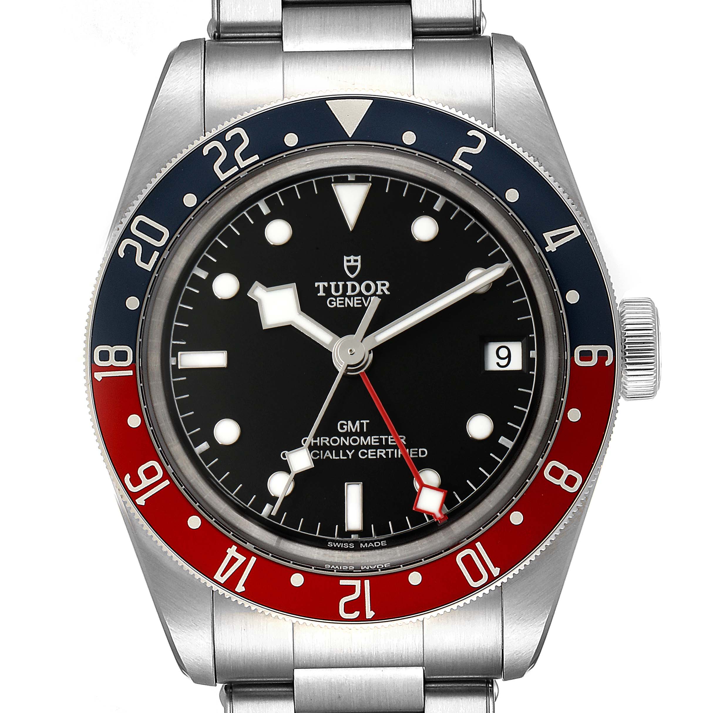 The image shows a front view of the Tudor Heritage Black Bay 79830RB Men's Stainless Steel Black Dial 79830RB Men's Stainless Steel Black Dial model, highlighting the dial, bezel, and bracelet.