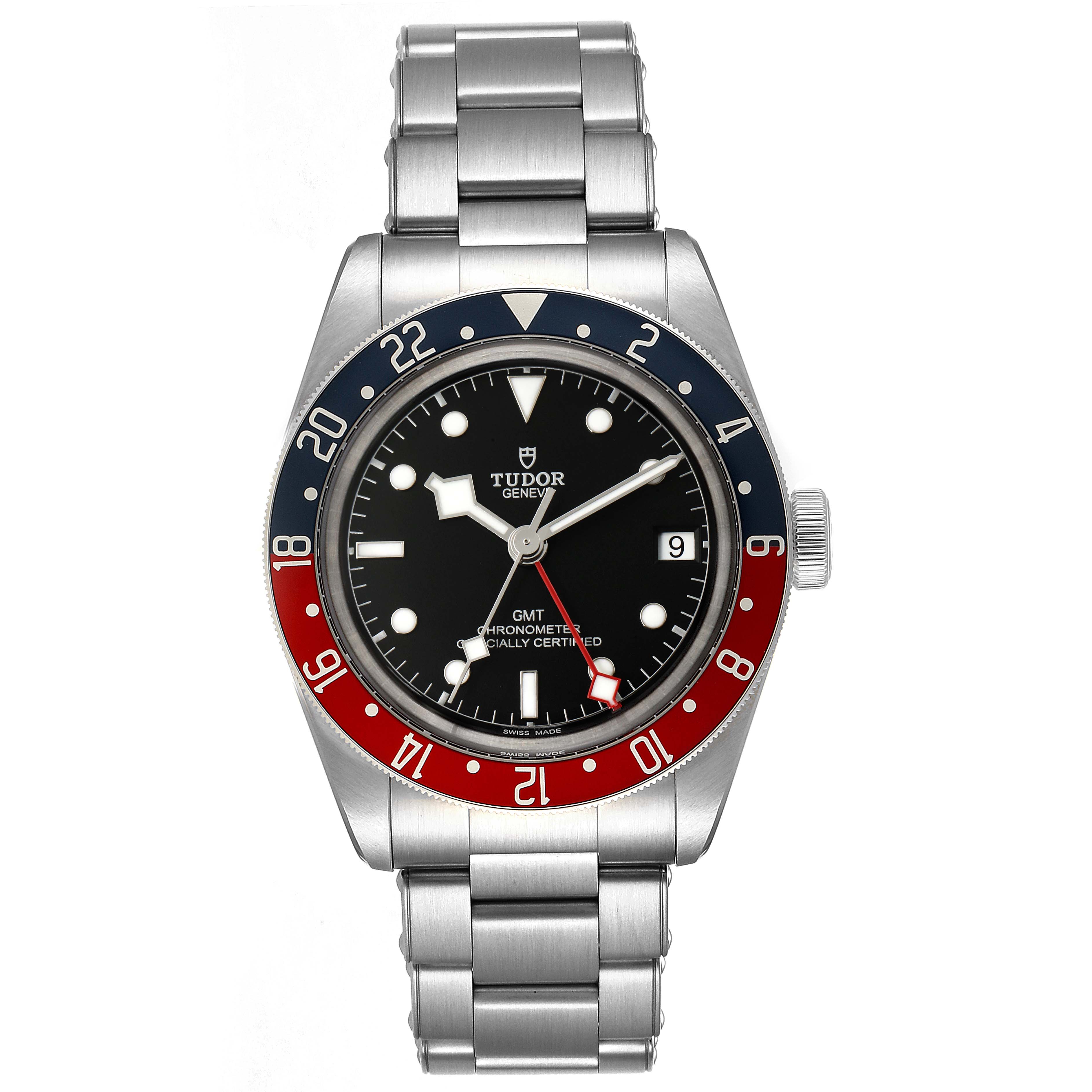 The image shows a front view of the Tudor Heritage Black Bay 79830RB Men's Stainless Steel Black Dial 79830RB Men's Stainless Steel Black Dial timepiece, highlighting the dial, bezel, and bracelet.