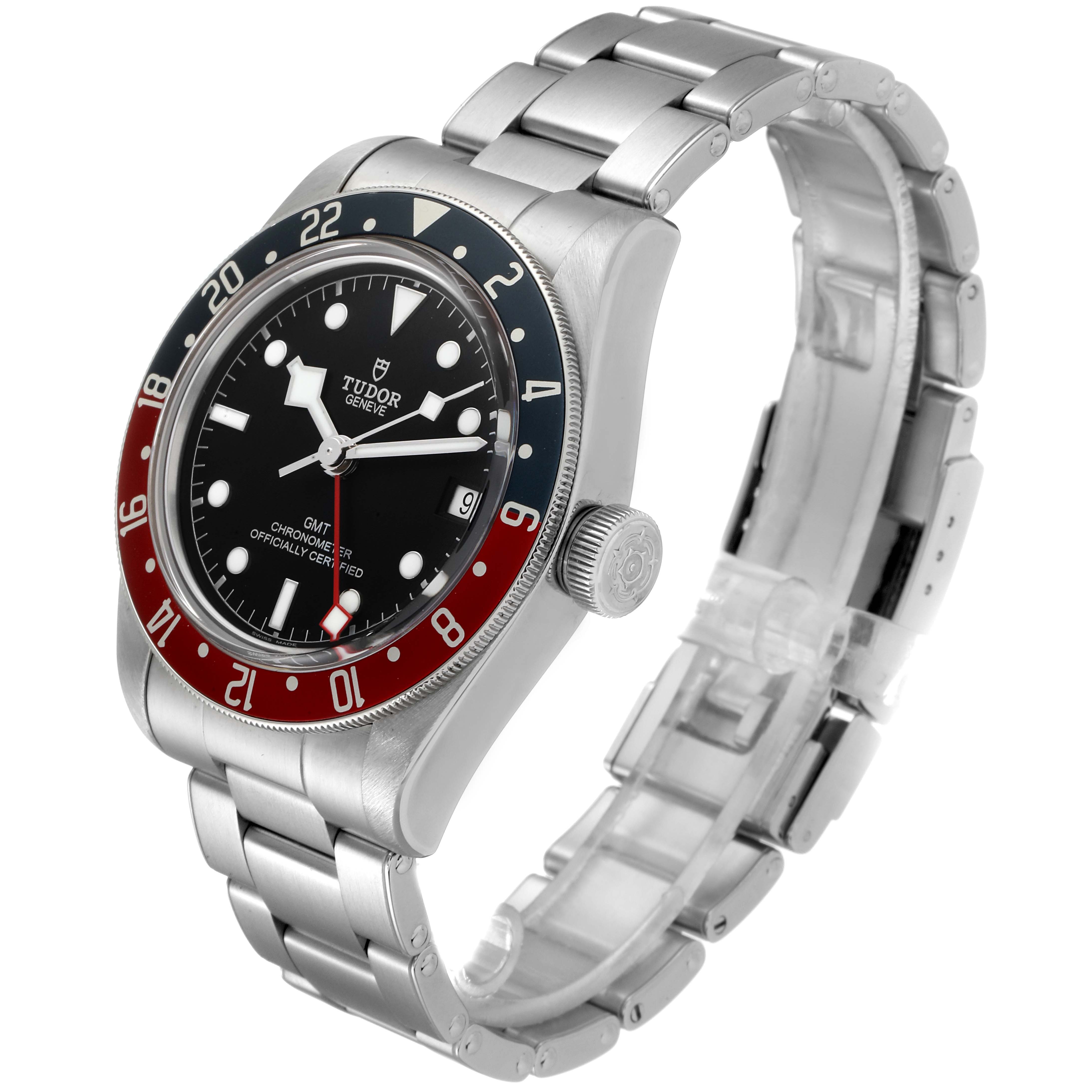 This image shows a Tudor Heritage Black Bay 79830RB Men's Stainless Steel Black Dial 79830RB Men's Stainless Steel Black Dial watch at a three-quarter angle, highlighting the face, bezel, crown, and bracelet.