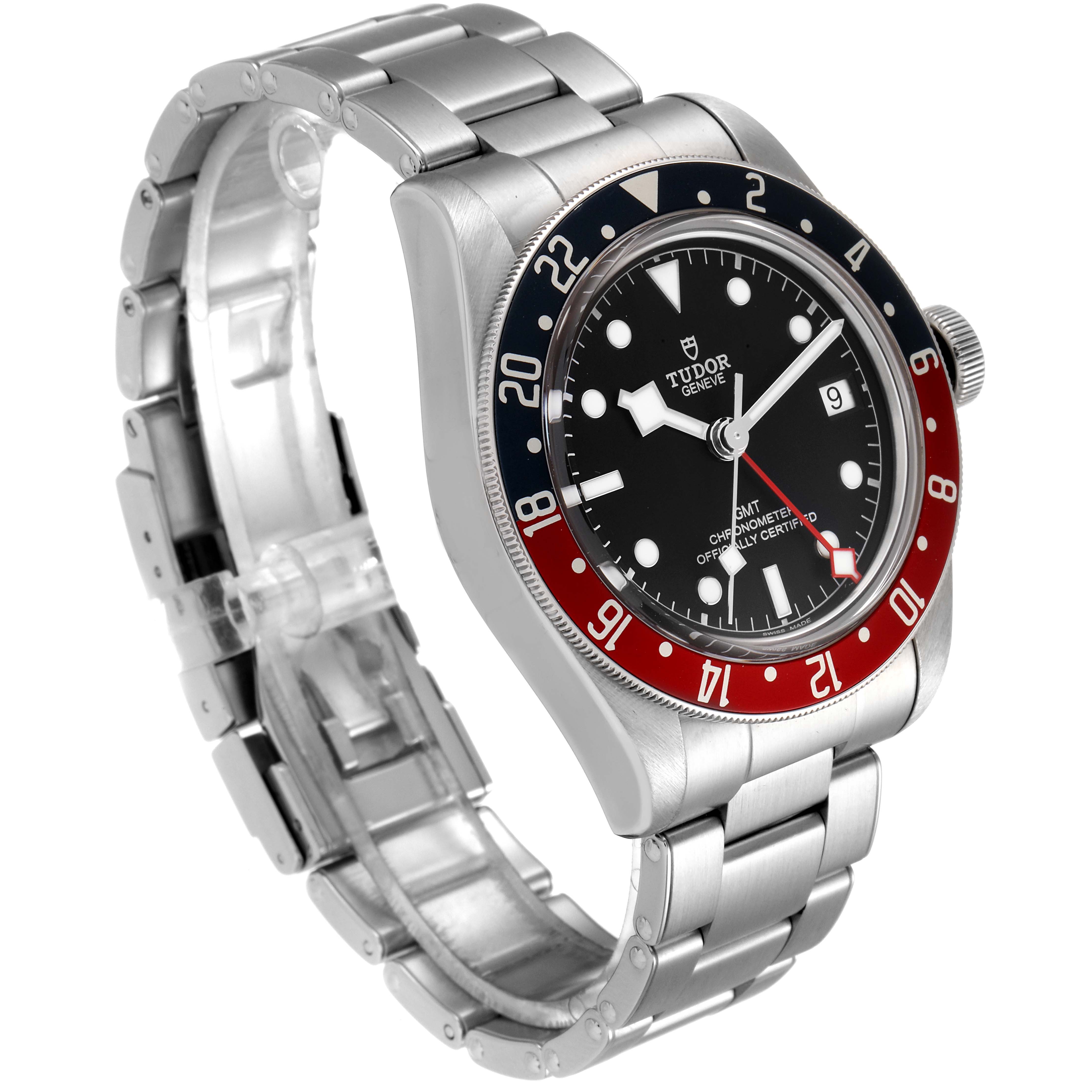 The image shows a Tudor Heritage Black Bay 79830RB Men's Stainless Steel Black Dial 79830RB Men's Stainless Steel Black Dial watch at an oblique angle, displaying the face, bezel, and stainless steel bracelet.