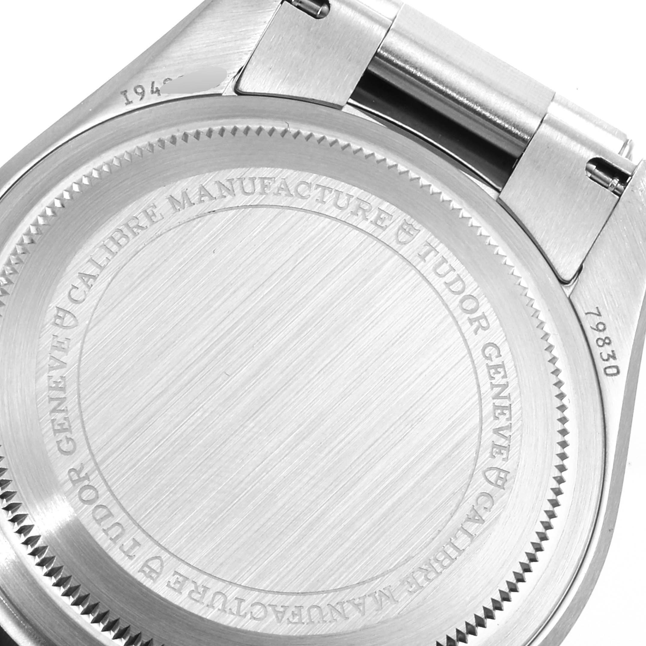 The image shows the back case of a Tudor Heritage Black Bay 79830RB Men's Stainless Steel Black Dial 79830RB Men's Stainless Steel Black Dial watch, including the model number and case details.