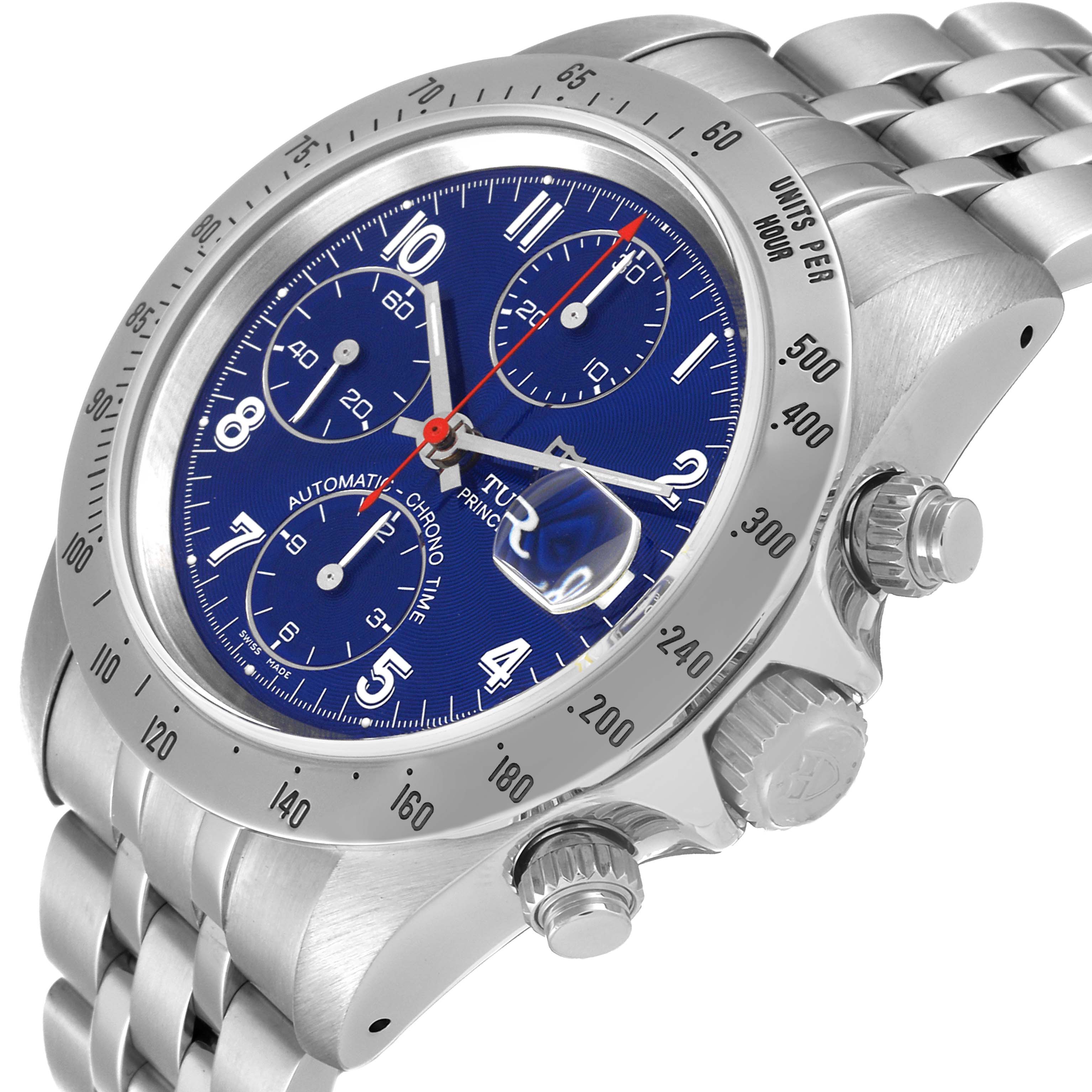 This Tudor Prince 79280 Men's Stainless Steel Blue Dial 79280 Men's Stainless Steel Blue Dial model watch is shown at an angle highlighting its stainless steel case, blue dial, tachymeter bezel, and chronograph buttons.