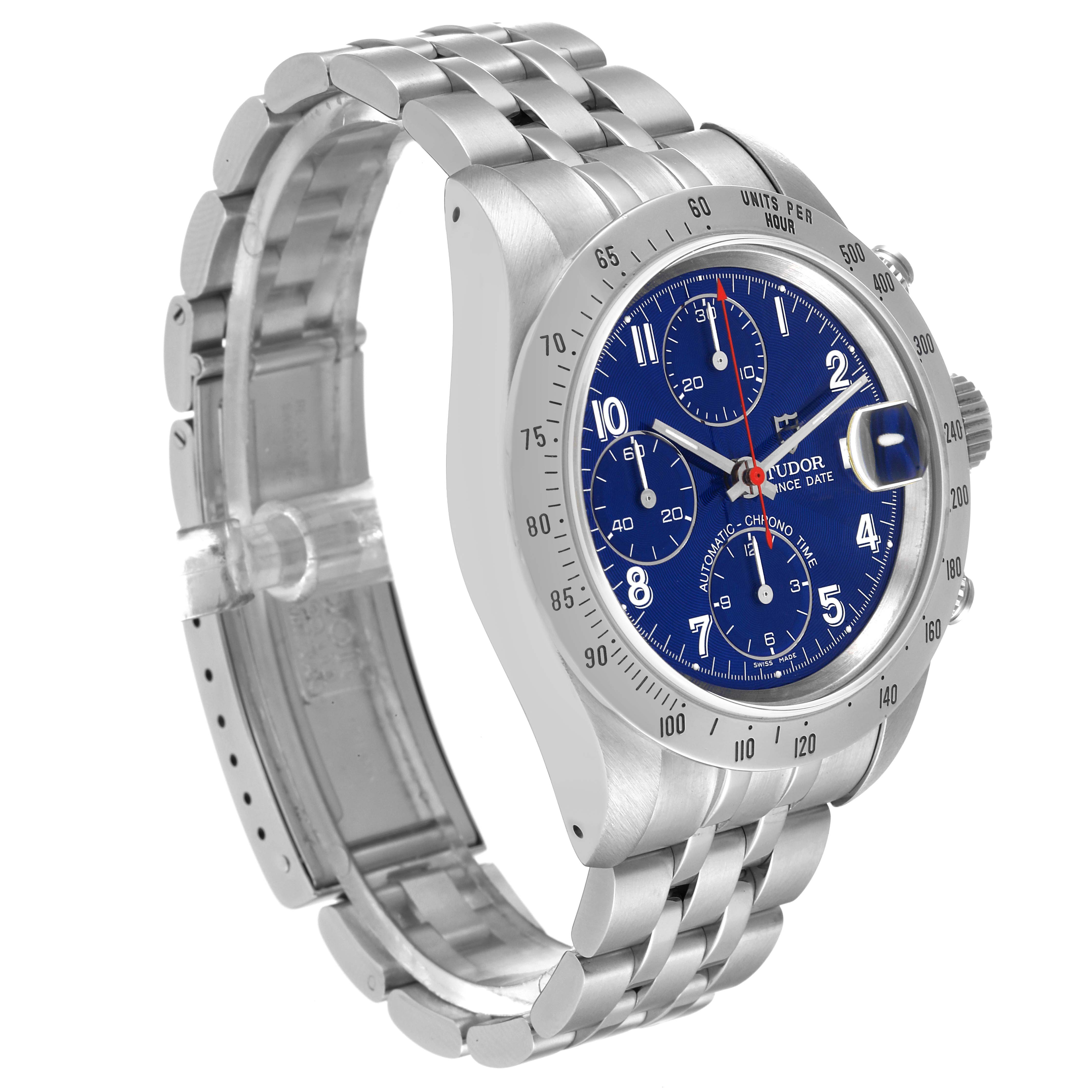 The image shows a side angle of the Tudor Prince 79280 Men's Stainless Steel Blue Dial 79280 Men's Stainless Steel Blue Dial model watch, highlighting the blue dial, chronograph subdials, date window, and bracelet.