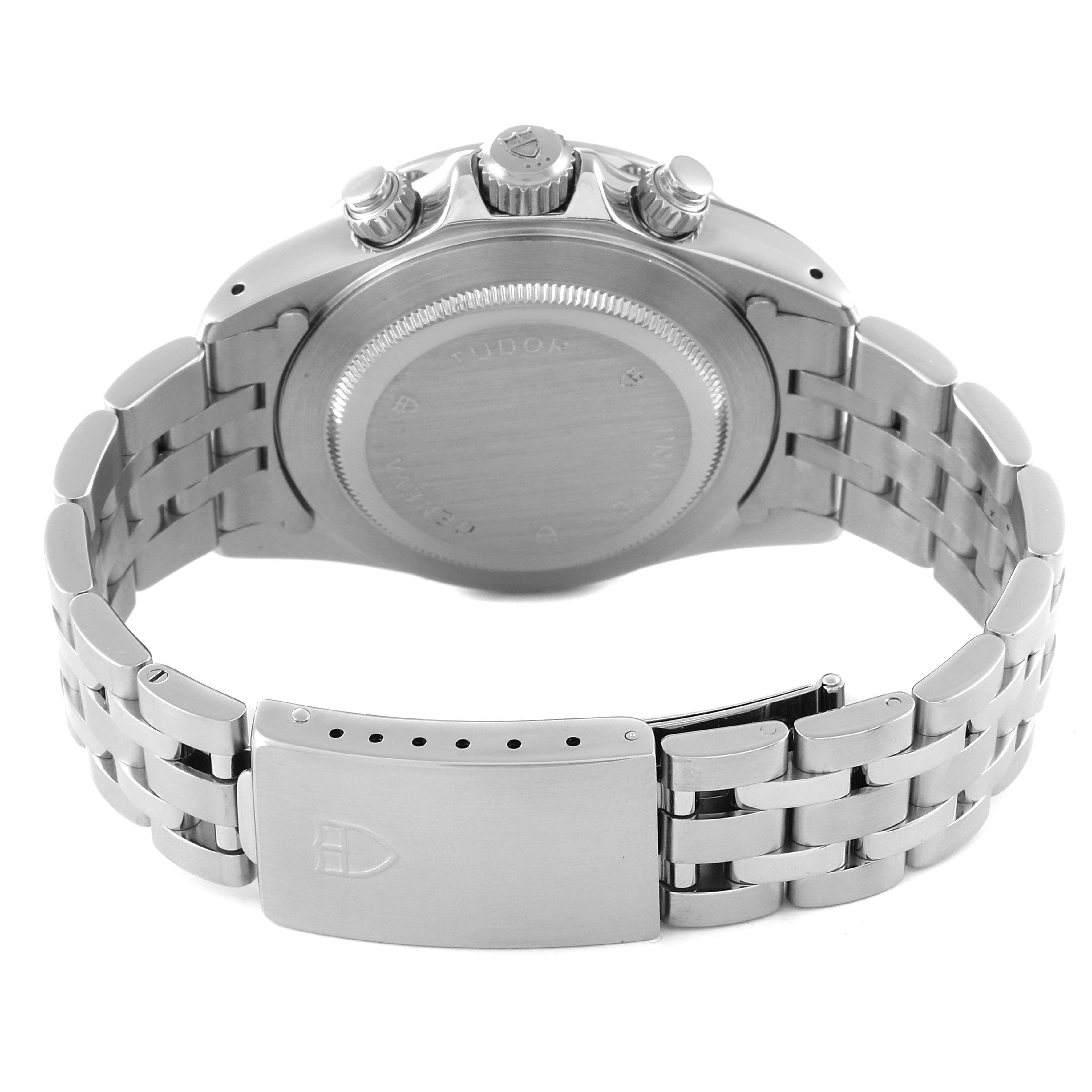 The image shows the back and band of a Tudor Prince 79280 Men's Stainless Steel Blue Dial 79280 Men's Stainless Steel Blue Dial model watch, highlighting the stainless steel clasp and caseback.