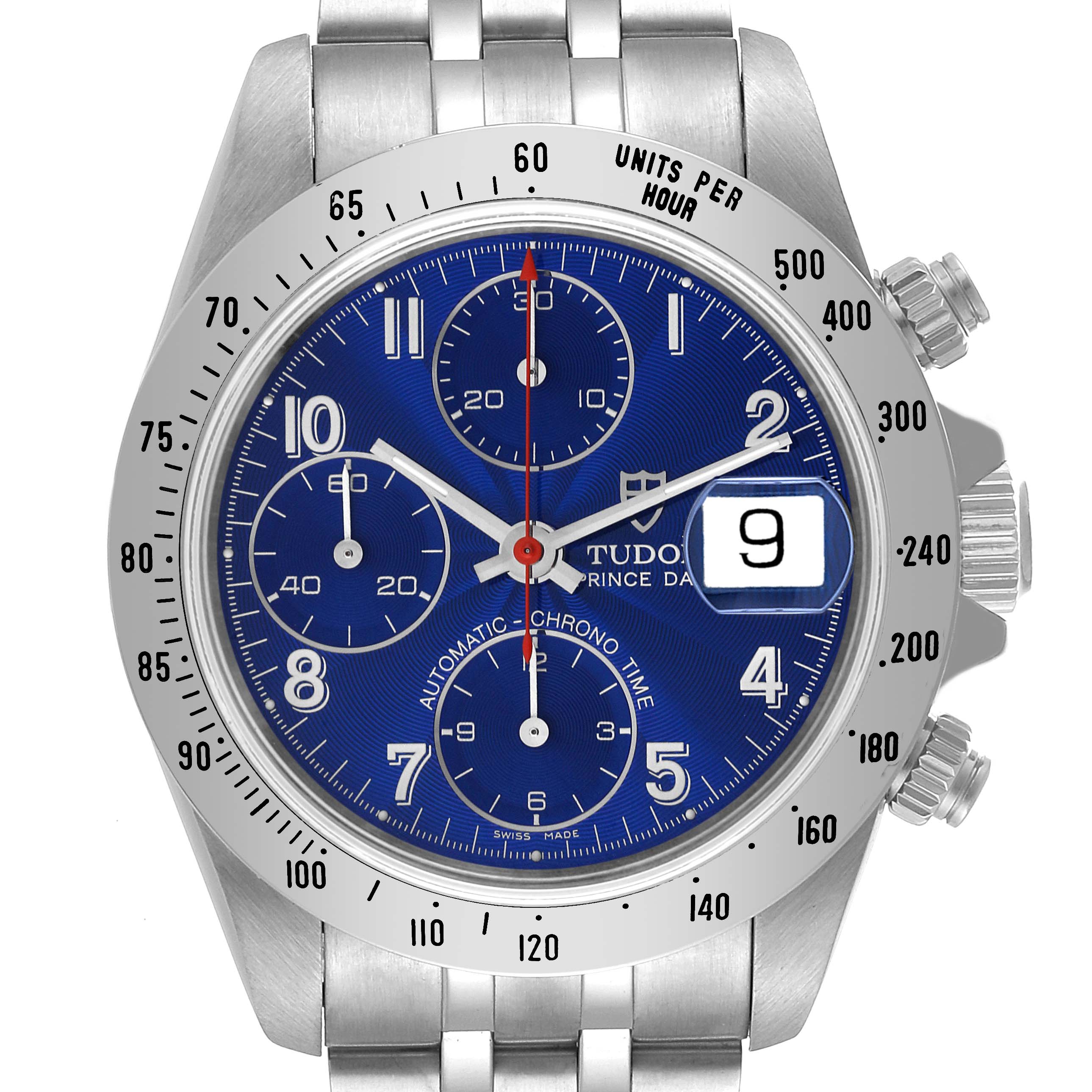 The Tudor Prince 79280 Men's Stainless Steel Blue Dial 79280 Men's Stainless Steel Blue Dial model watch is shown from the front, highlighting its blue dial, chronograph sub-dials, and date window.