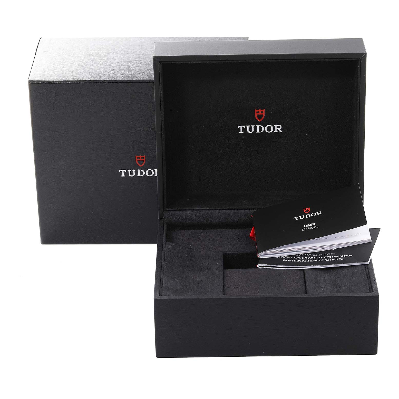 The image shows an open Tudor Prince 79280 Men's Stainless Steel Blue Dial 79280 Men's Stainless Steel Blue Dial watch box and user manuals, viewed from the front.