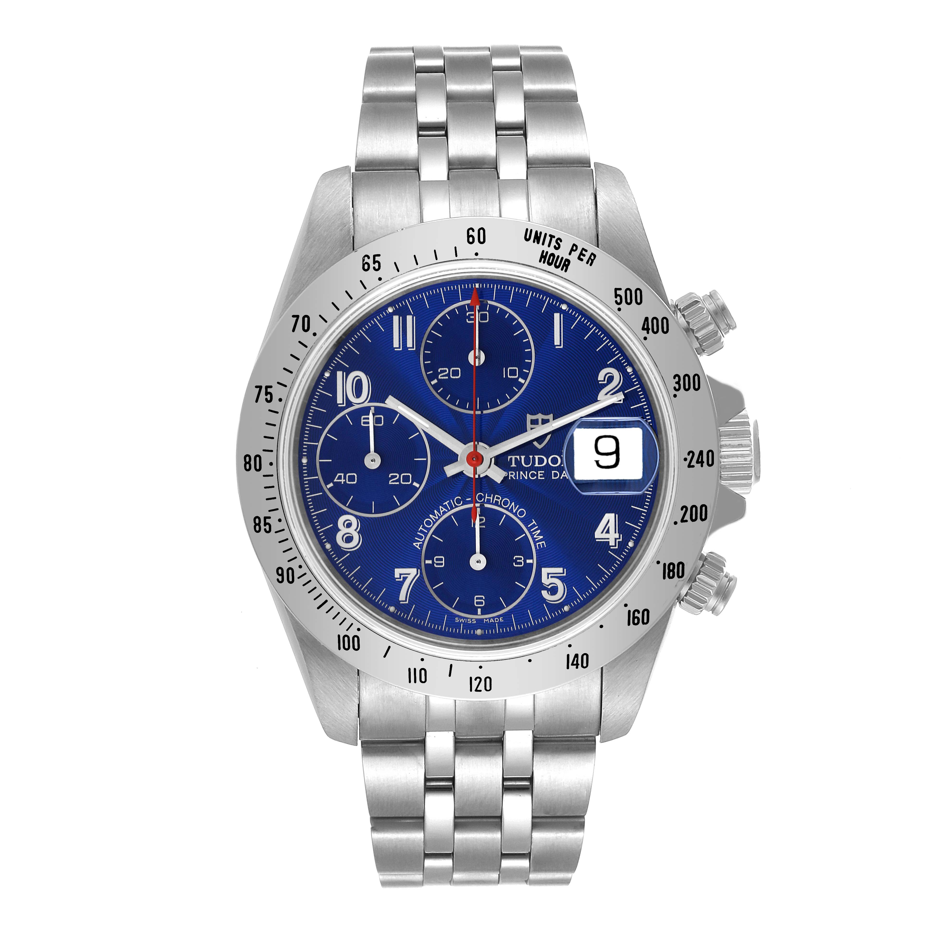 The image shows a front view of the Tudor Prince 79280 Men's Stainless Steel Blue Dial 79280 Men's Stainless Steel Blue Dial model watch, displaying its blue dial, chronograph sub-dials, date window, and stainless steel bracelet.