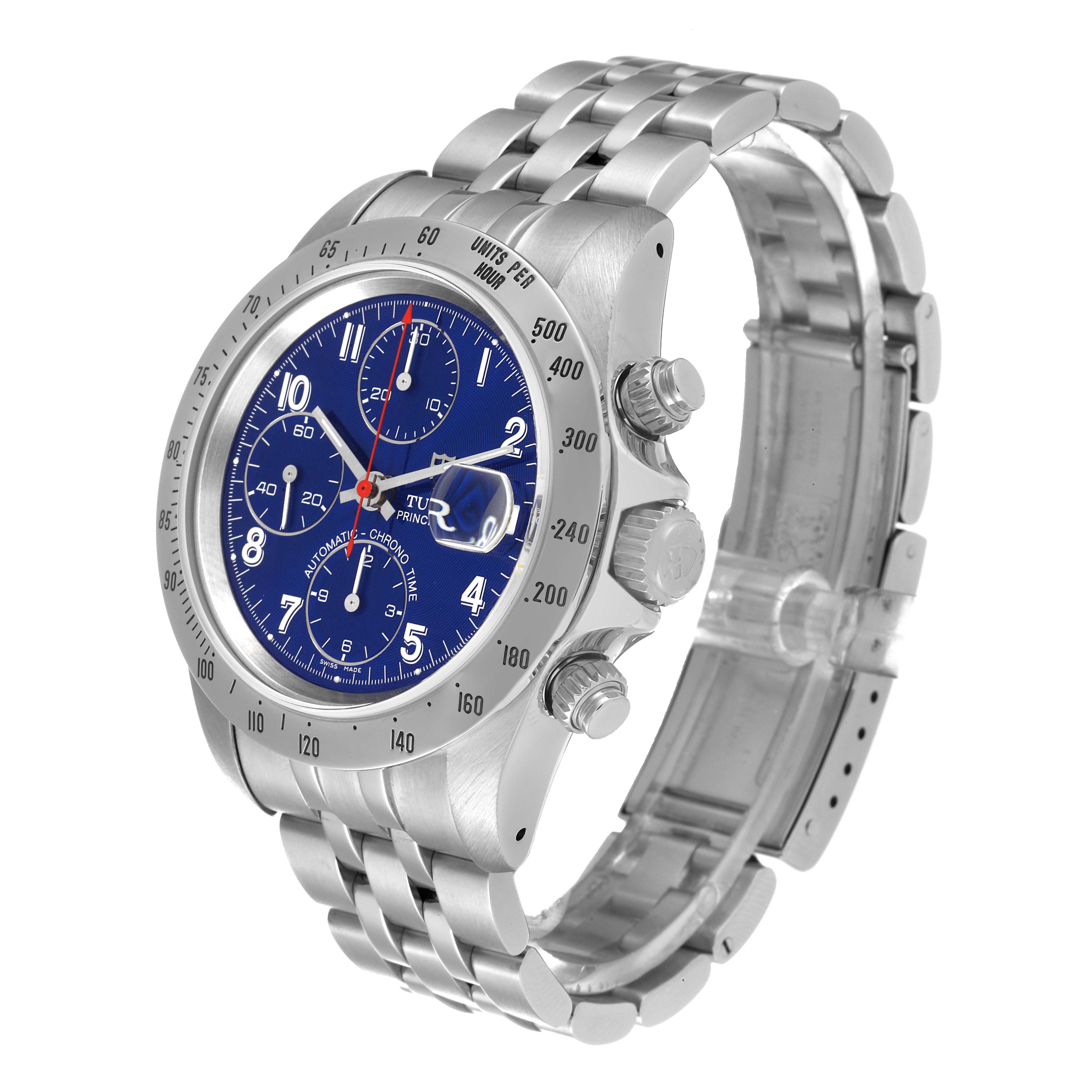 The image shows a Tudor Prince 79280 Men's Stainless Steel Blue Dial 79280 Men's Stainless Steel Blue Dial model watch from a three-quarter angle, highlighting its dial, bezel, pushers, crown, and bracelet.