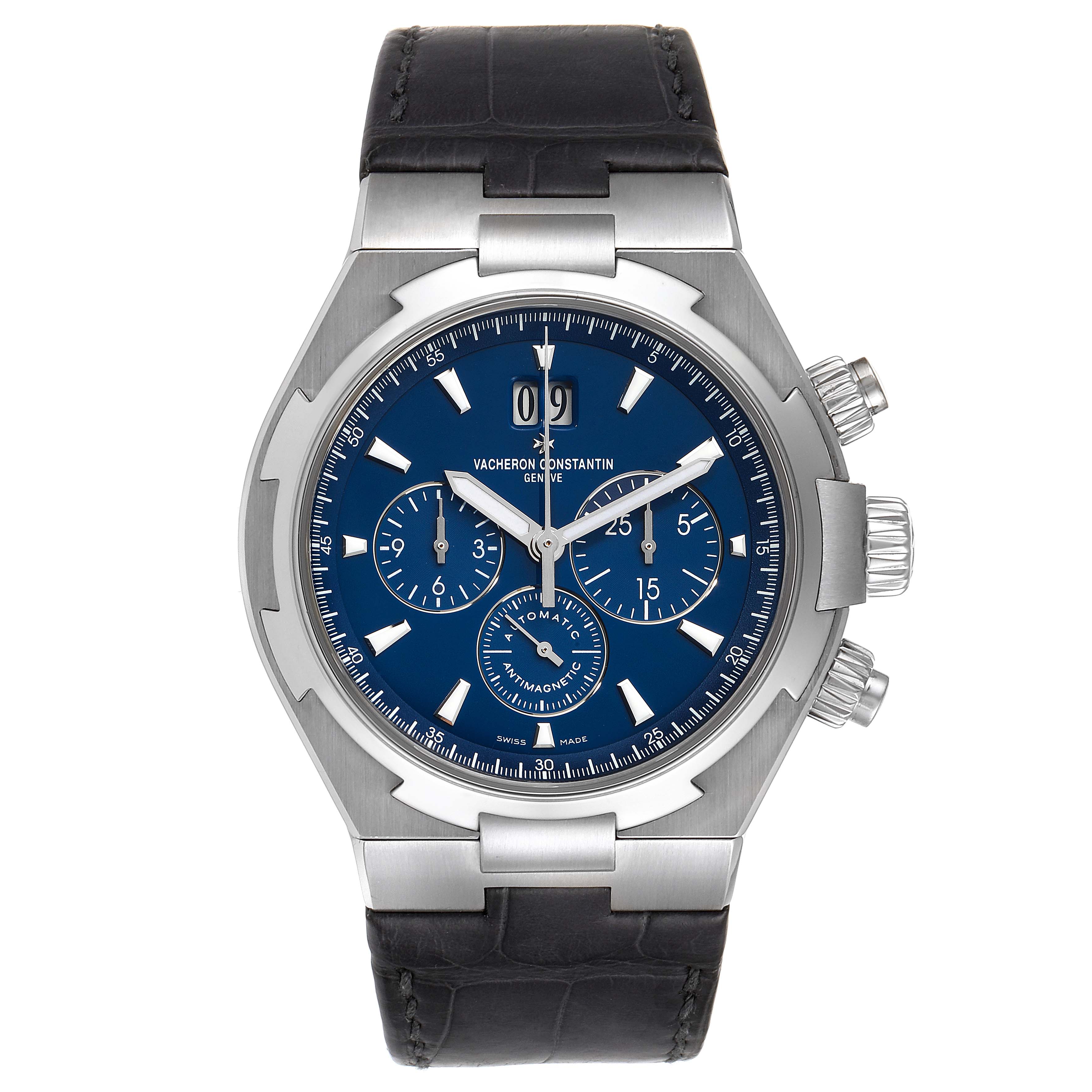 The image shows a front view of the Vacheron Constantin Overseas 49150.B01A.9097 Men's Stainless Steel Blue Dial 49150.B01A.9097 Men's Stainless Steel Blue Dial watch, displaying the face, bezel, and leather strap.