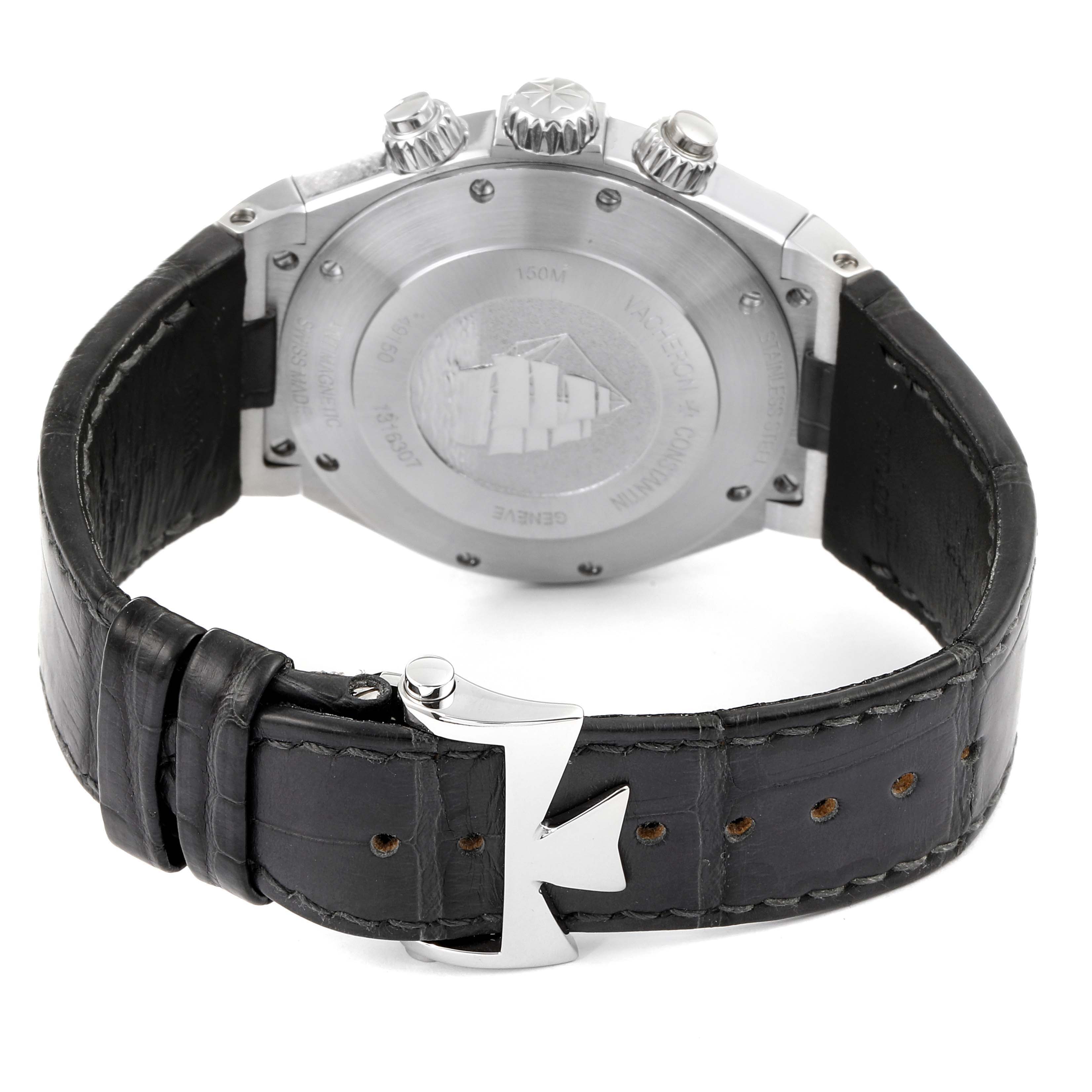 This image shows the back case, crown, and leather strap of a Vacheron Constantin Overseas 49150.B01A.9097 Men's Stainless Steel Blue Dial 49150.B01A.9097 Men's Stainless Steel Blue Dial watch.