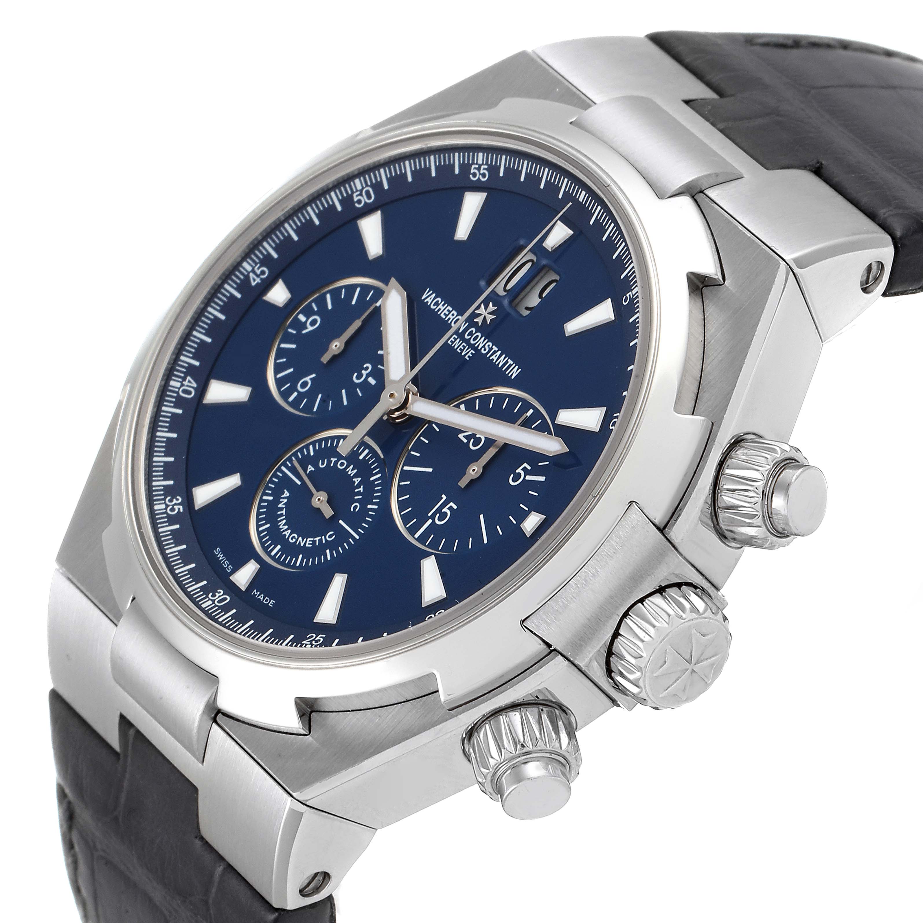 The image shows a Vacheron Constantin Overseas 49150.B01A.9097 Men's Stainless Steel Blue Dial 49150.B01A.9097 Men's Stainless Steel Blue Dial model at an oblique angle, highlighting the dial, crown, and chronograph pushers.