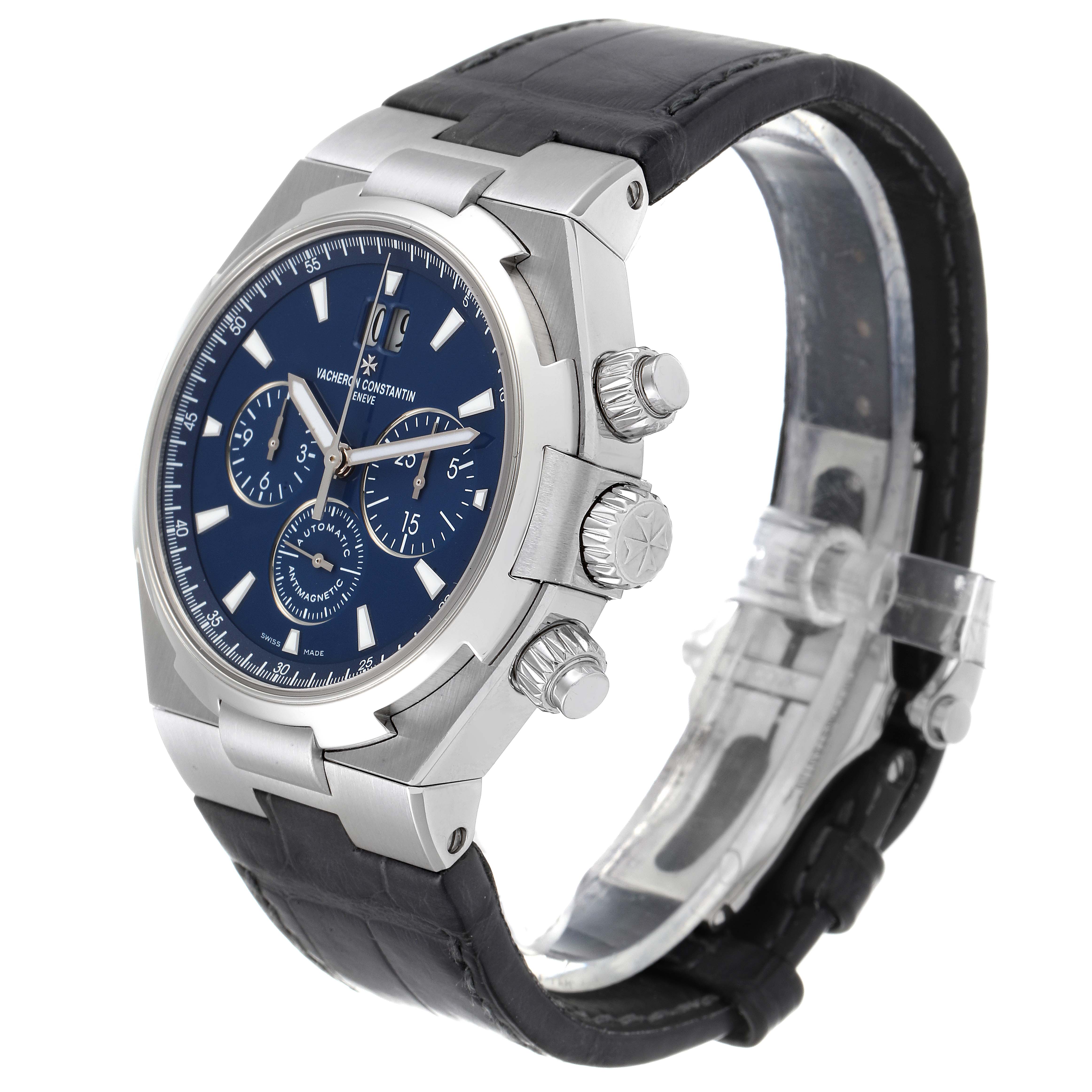 The image shows a Vacheron Constantin Overseas 49150.B01A.9097 Men's Stainless Steel Blue Dial 49150.B01A.9097 Men's Stainless Steel Blue Dial model watch at an angled side view, highlighting the face, crown, pushers, and part of the strap with clasp.