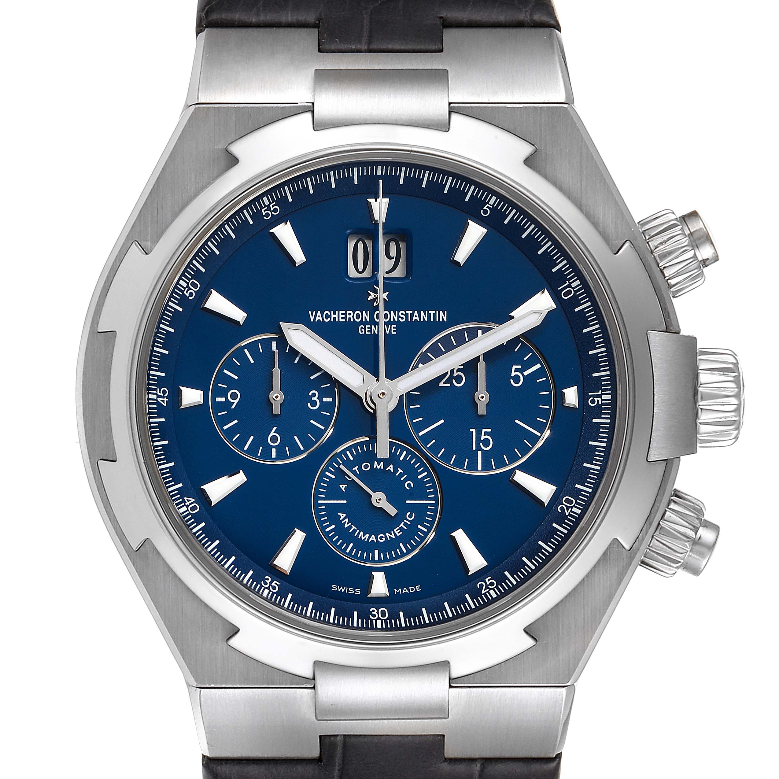 The image shows a front view of the Vacheron Constantin Overseas 49150.B01A.9097 Men's Stainless Steel Blue Dial 49150.B01A.9097 Men's Stainless Steel Blue Dial watch, highlighting its blue dial and chronograph features.