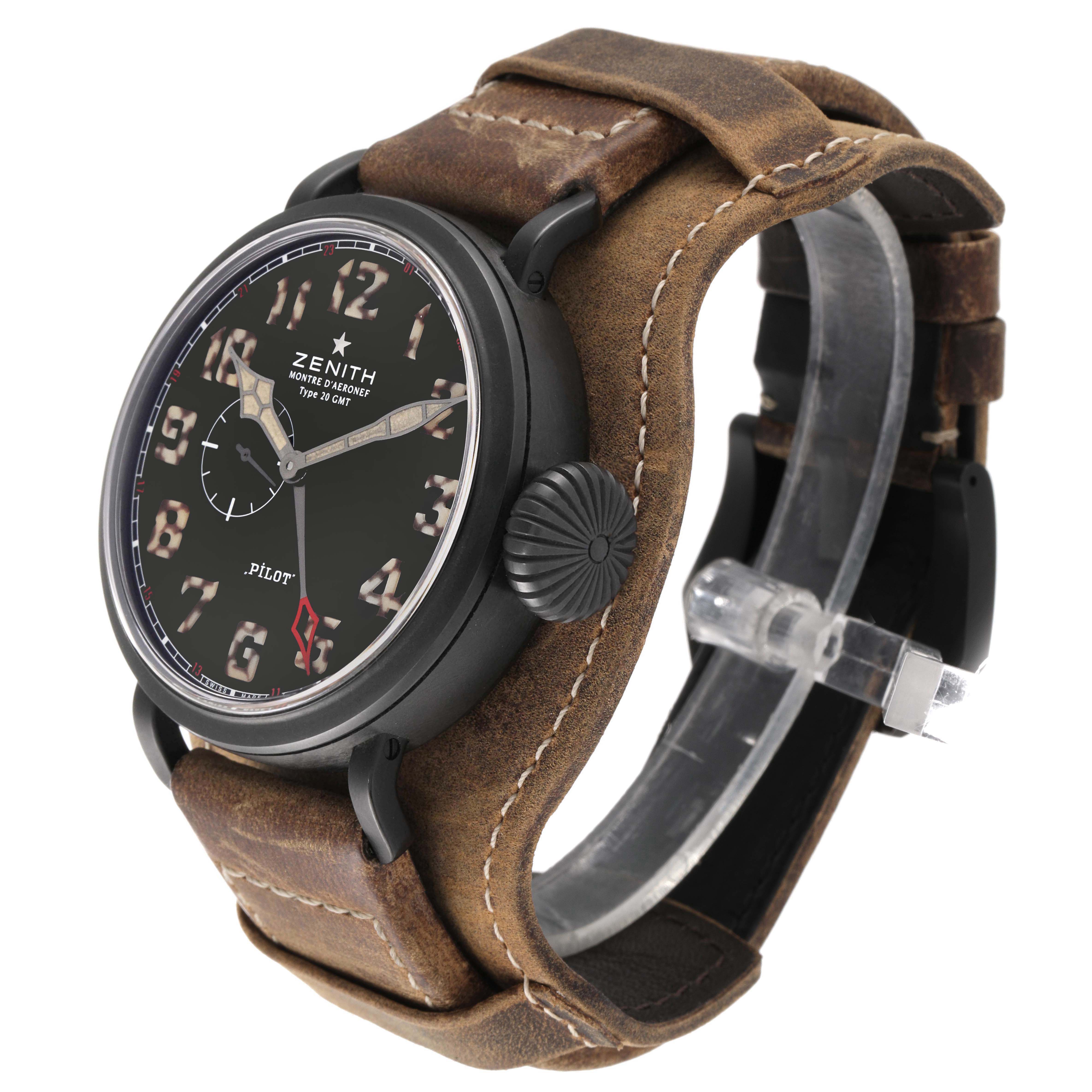 The Zenith Pilot 96.2431.693/21.C738 Men's Titanium Black Dial 96.2431.693/21.C738 Men's Titanium Black Dial watch is shown at a slight angle, showcasing the dial, crown, leather strap, and lugs.