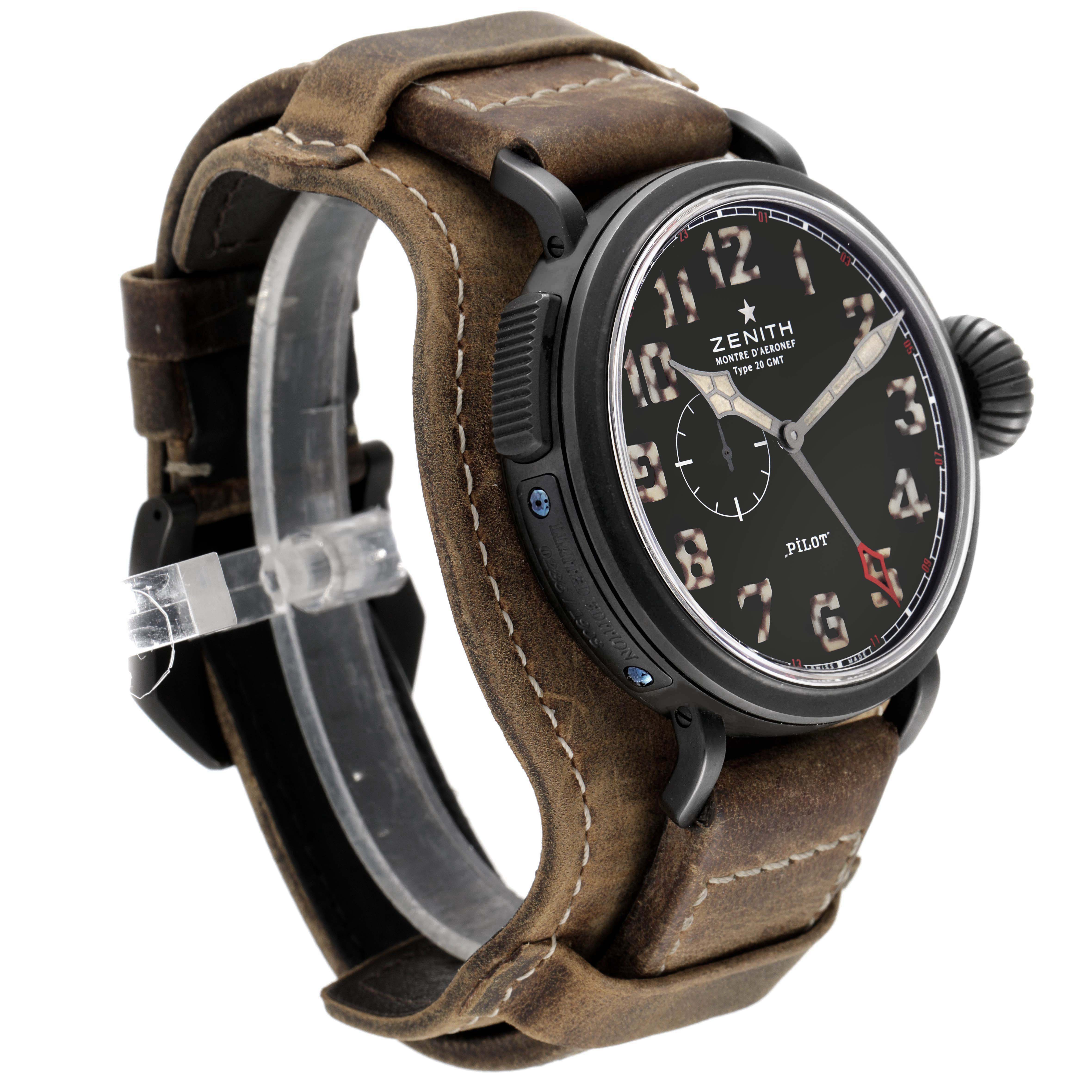 The Zenith Pilot 96.2431.693/21.C738 Men's Titanium Black Dial 96.2431.693/21.C738 Men's Titanium Black Dial watch is shown at an angle emphasizing the bezel, dial, crown, and leather strap.