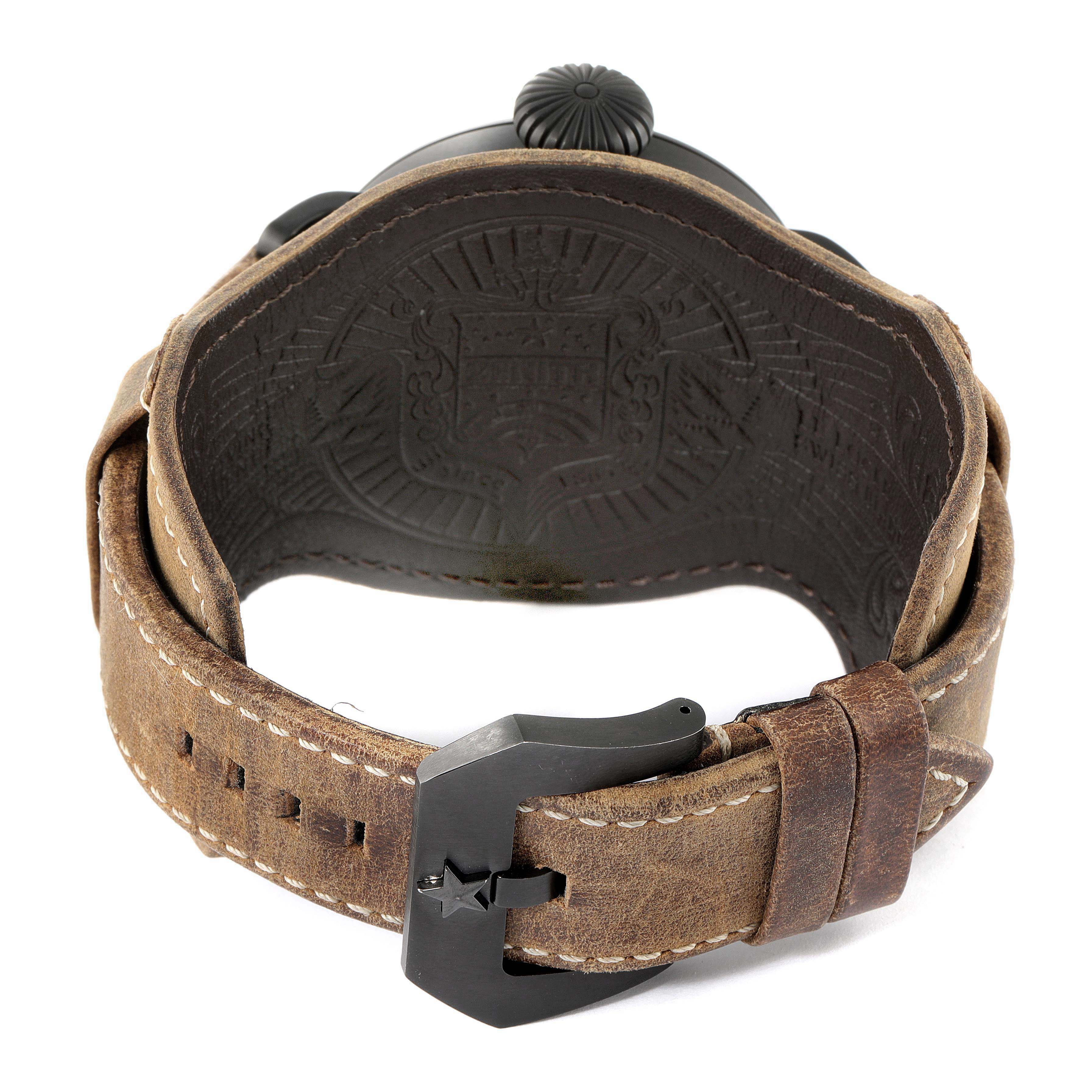 The image shows the leather strap and clasp of the Zenith Pilot 96.2431.693/21.C738 Men's Titanium Black Dial 96.2431.693/21.C738 Men's Titanium Black Dial watch, viewed from the back.