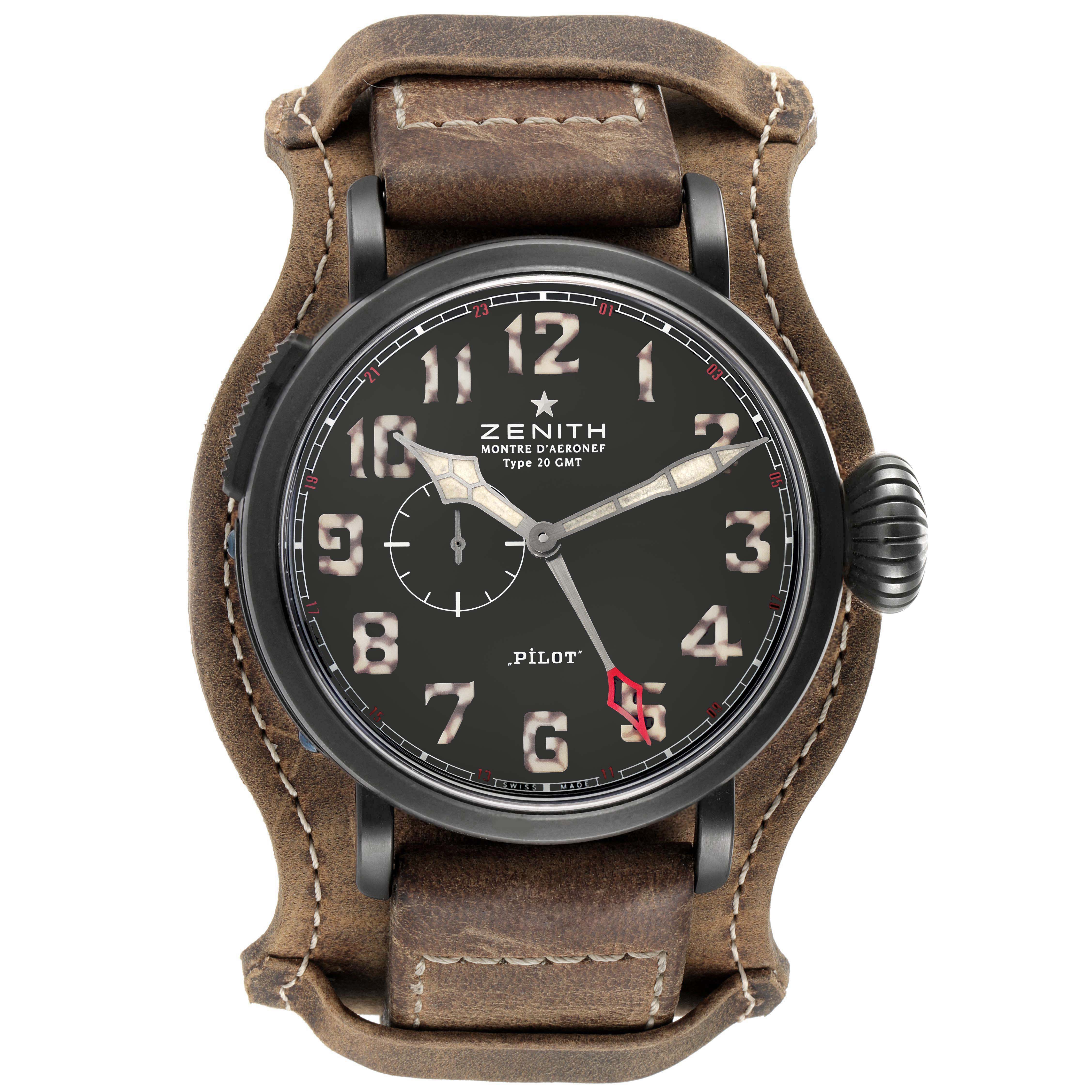 The image shows a front view of the Zenith Pilot 96.2431.693/21.C738 Men's Titanium Black Dial 96.2431.693/21.C738 Men's Titanium Black Dial model watch, displaying the dial, hour markers, and leather strap.