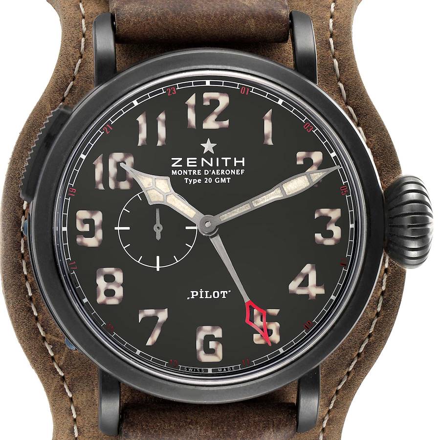 This image shows a front view of the Zenith Pilot Type 20 GMT watch, highlighting the watch face, numerals, and leather strap.