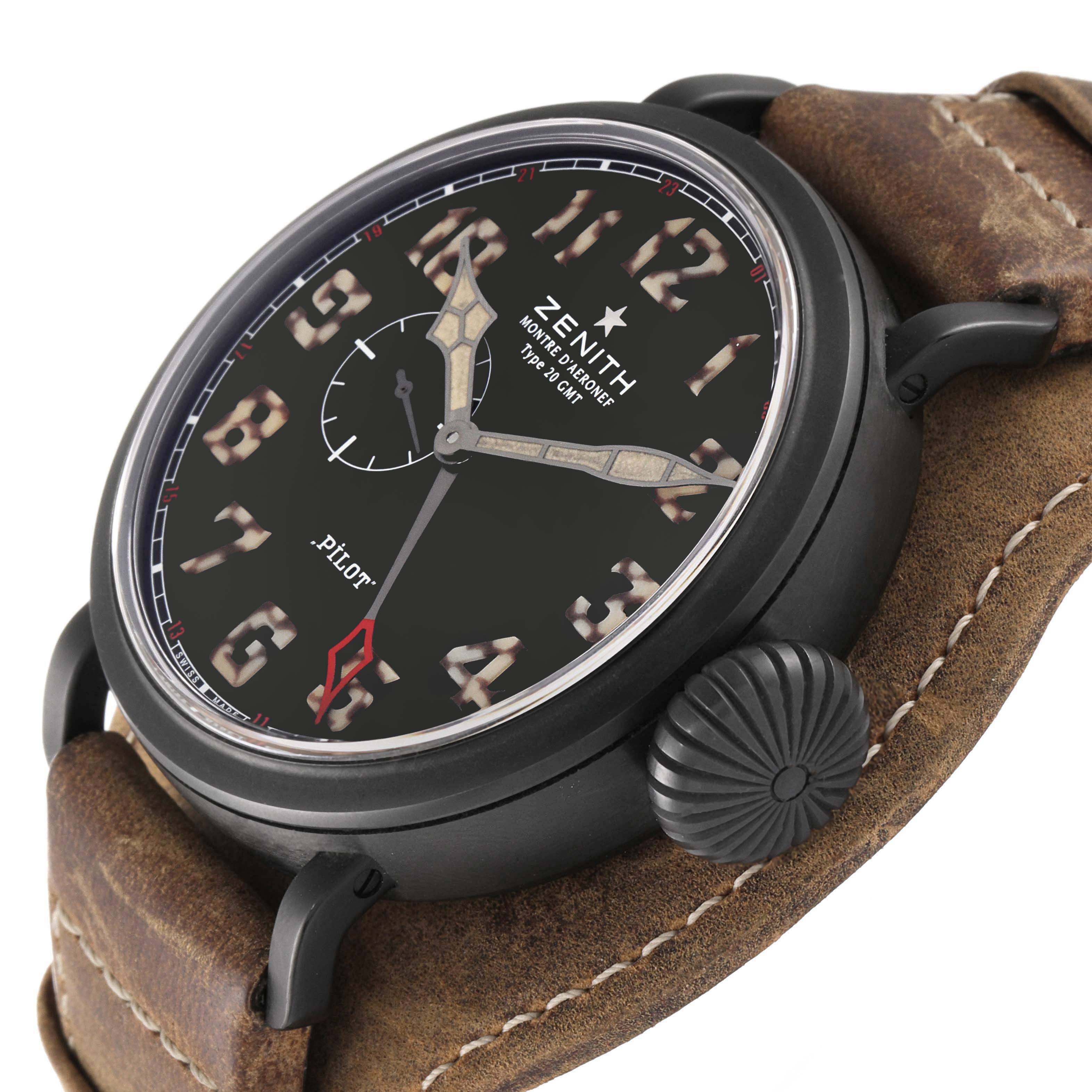 The image shows a close-up of the Zenith Pilot 96.2431.693/21.C738 Men's Titanium Black Dial 96.2431.693/21.C738 Men's Titanium Black Dial watch, highlighting its dial, hands, crown, and leather strap from a slight angle.