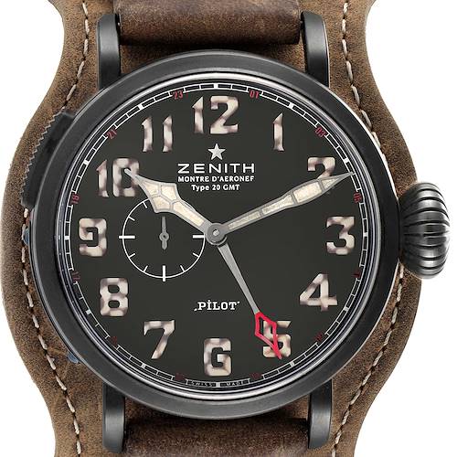 This image shows a front view of the Zenith Pilot model watch, highlighting the dial, hands, and part of the leather strap.