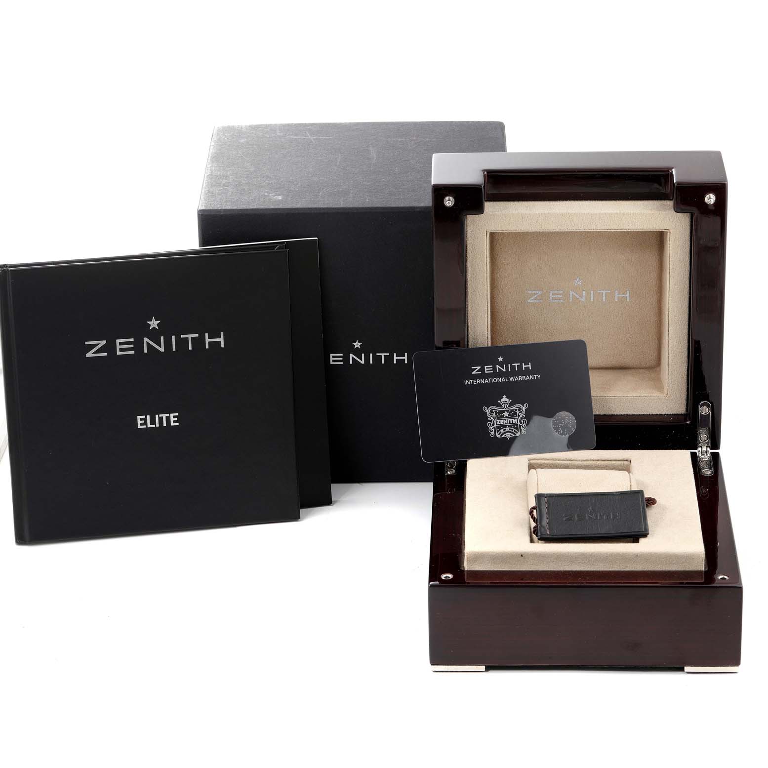 The image shows the Zenith Pilot 96.2431.693/21.C738 Men's Titanium Black Dial 96.2431.693/21.C738 Men's Titanium Black Dial model watch packaging, including the box, manuals, and warranty card.
