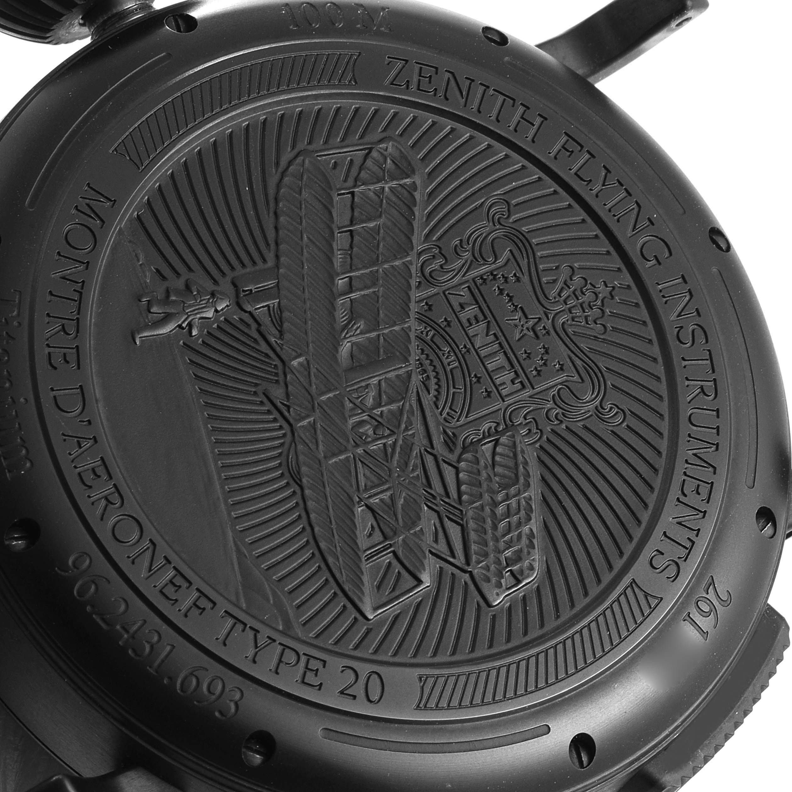 The image shows the case back of a Zenith Pilot 96.2431.693/21.C738 Men's Titanium Black Dial 96.2431.693/21.C738 Men's Titanium Black Dial Montre d'Aéronef Type 20 watch, featuring engravings and inscriptions.