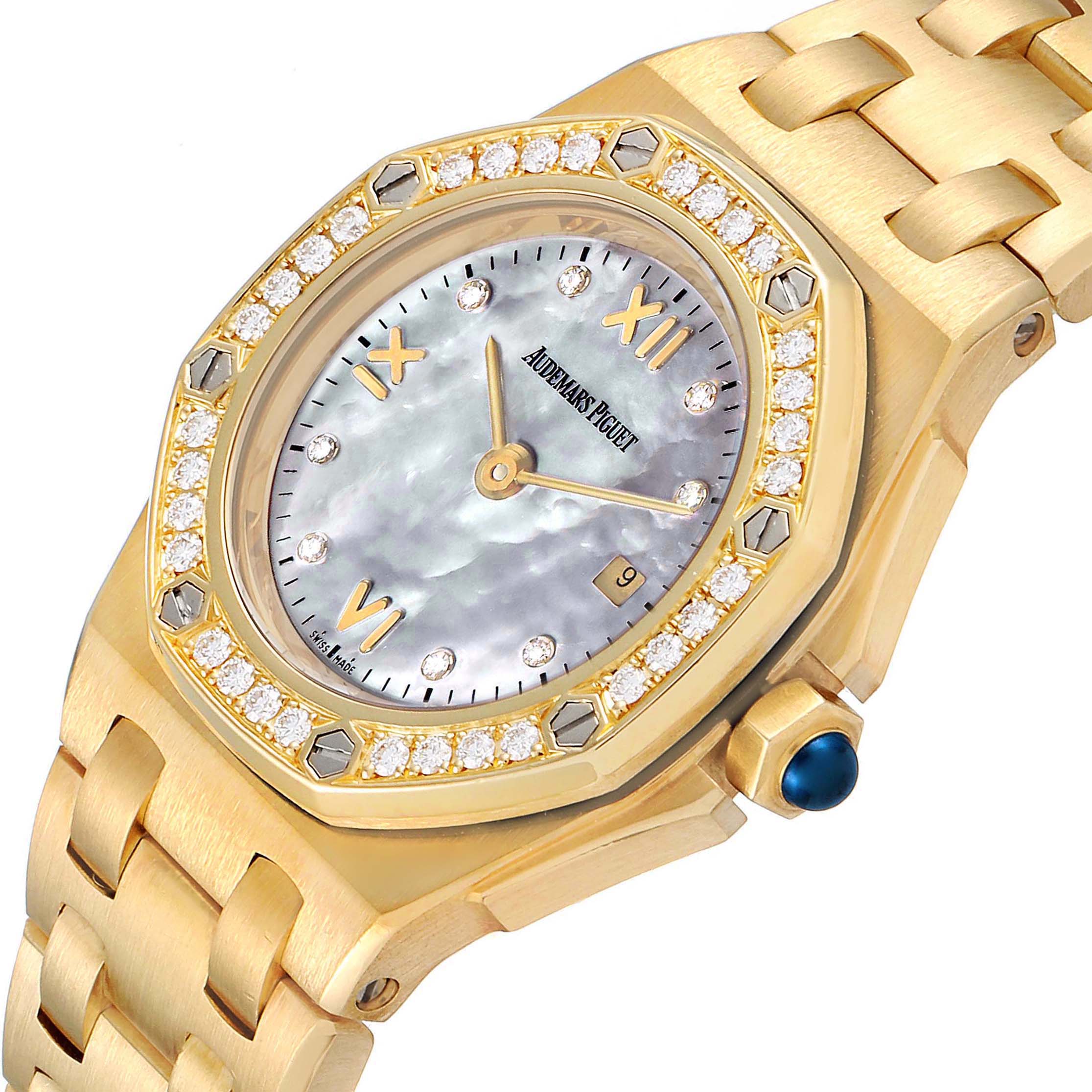 The image shows the front and part of the band of the Audemars Piguet Royal Oak Offshore 67151BA.ZZ.1108BA.01 Women's Yellow Gold Mother of Pearl Dial 67151BA.ZZ.1108BA.01 Women's Yellow Gold Mother of Pearl Dial watch, highlighting the bezel, dial, and crown.