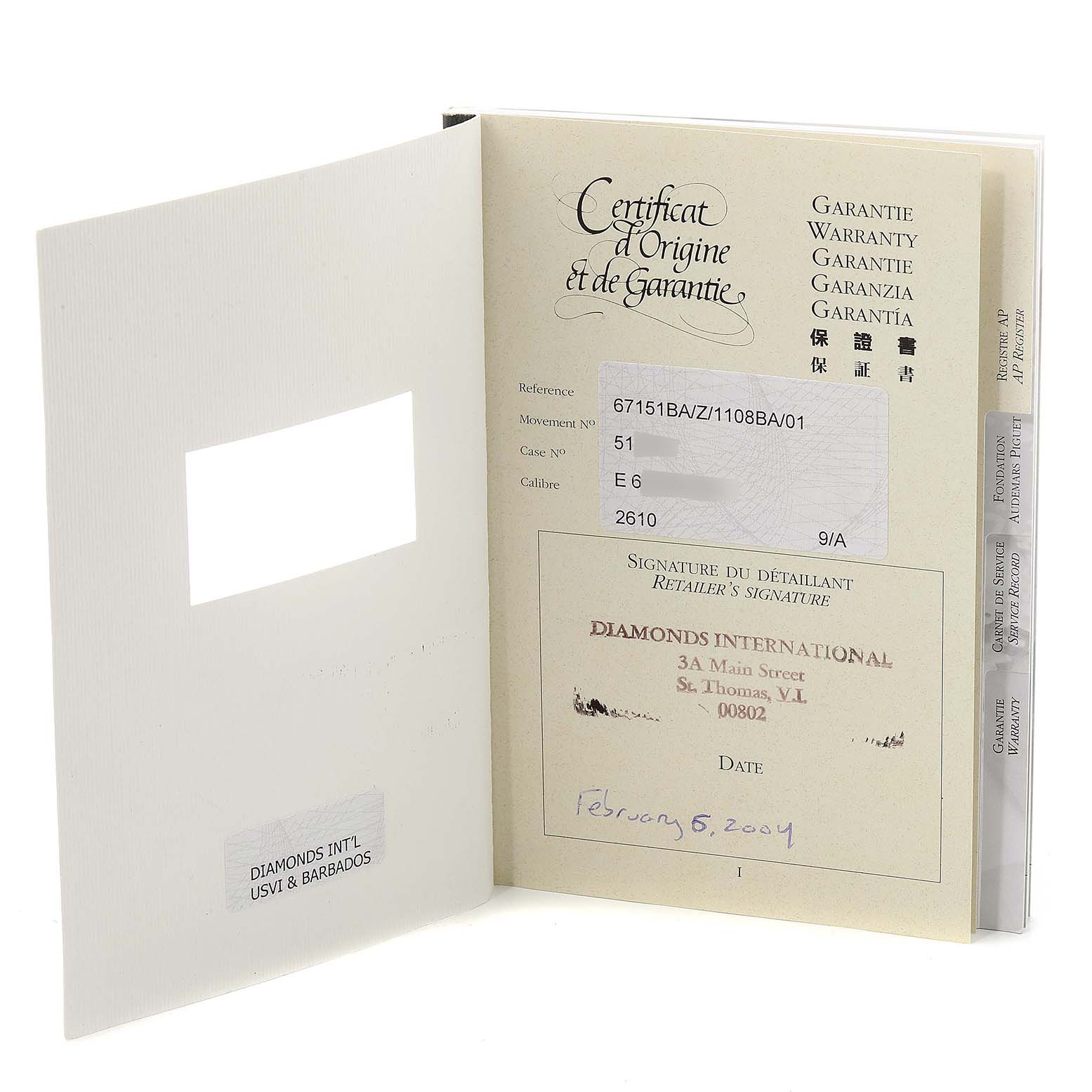 The image shows the warranty and certificate booklets for the Audemars Piguet Royal Oak Offshore 67151BA.ZZ.1108BA.01 Women's Yellow Gold Mother of Pearl Dial 67151BA.ZZ.1108BA.01 Women's Yellow Gold Mother of Pearl Dial model.