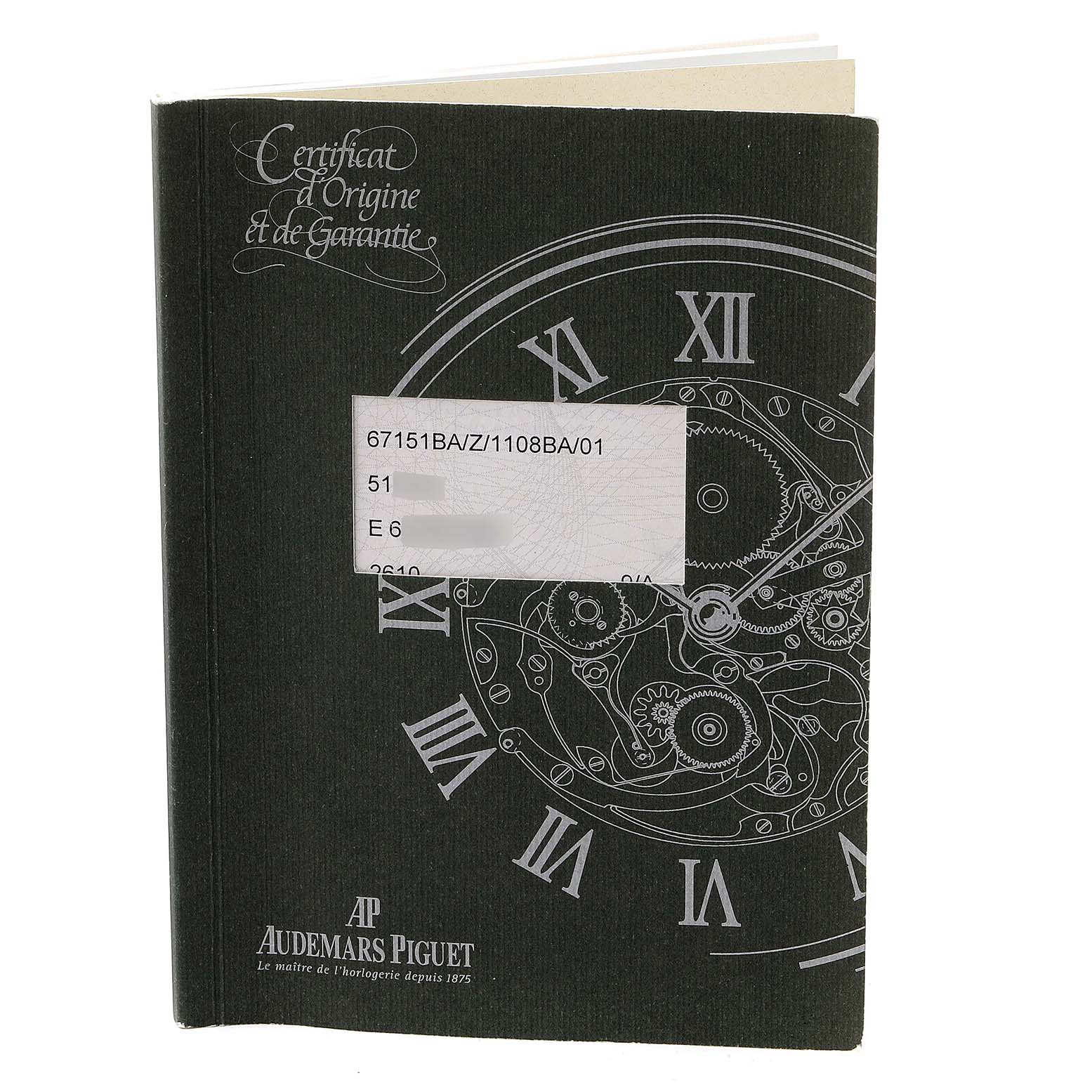 This image shows the front of the Certificate of Origin and Warranty booklet for the Audemars Piguet Royal Oak Offshore 67151BA.ZZ.1108BA.01 Women's Yellow Gold Mother of Pearl Dial 67151BA.ZZ.1108BA.01 Women's Yellow Gold Mother of Pearl Dial model.