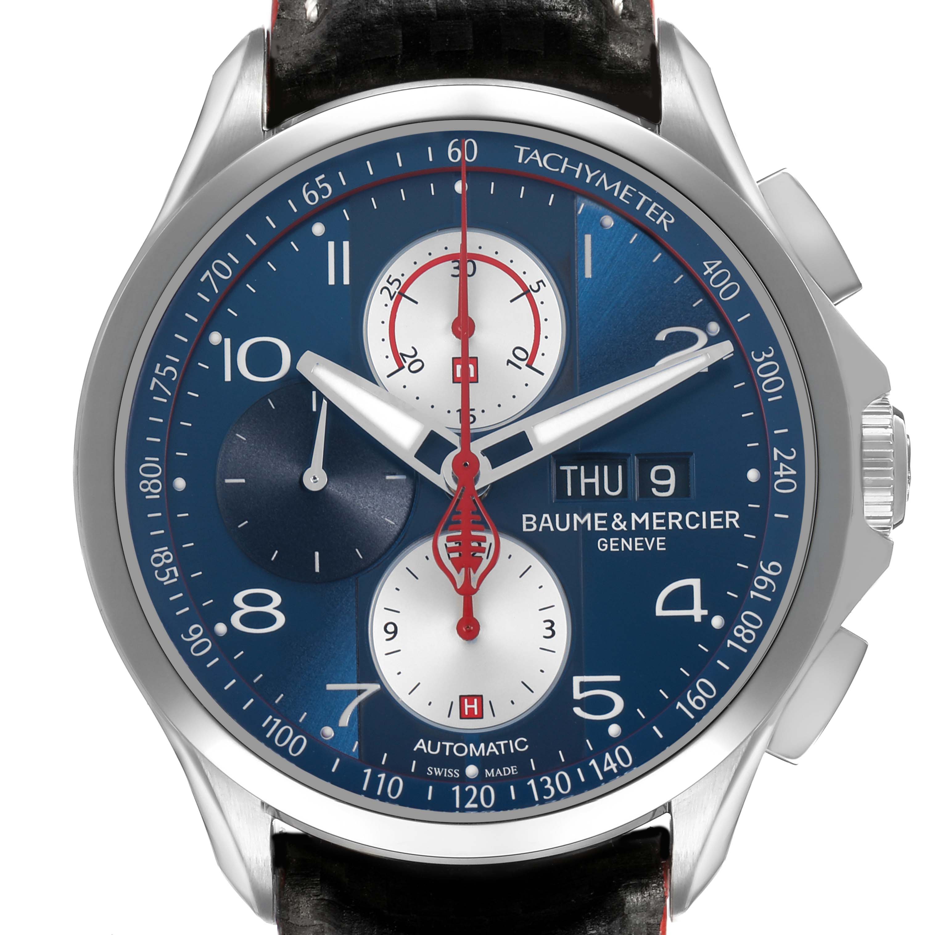 The Baume & Mercier Clifton 65822 Men's Stainless Steel Blue Dial watch is shown from the front, displaying its blue dial, tachymeter, chronograph subdials, and date window.