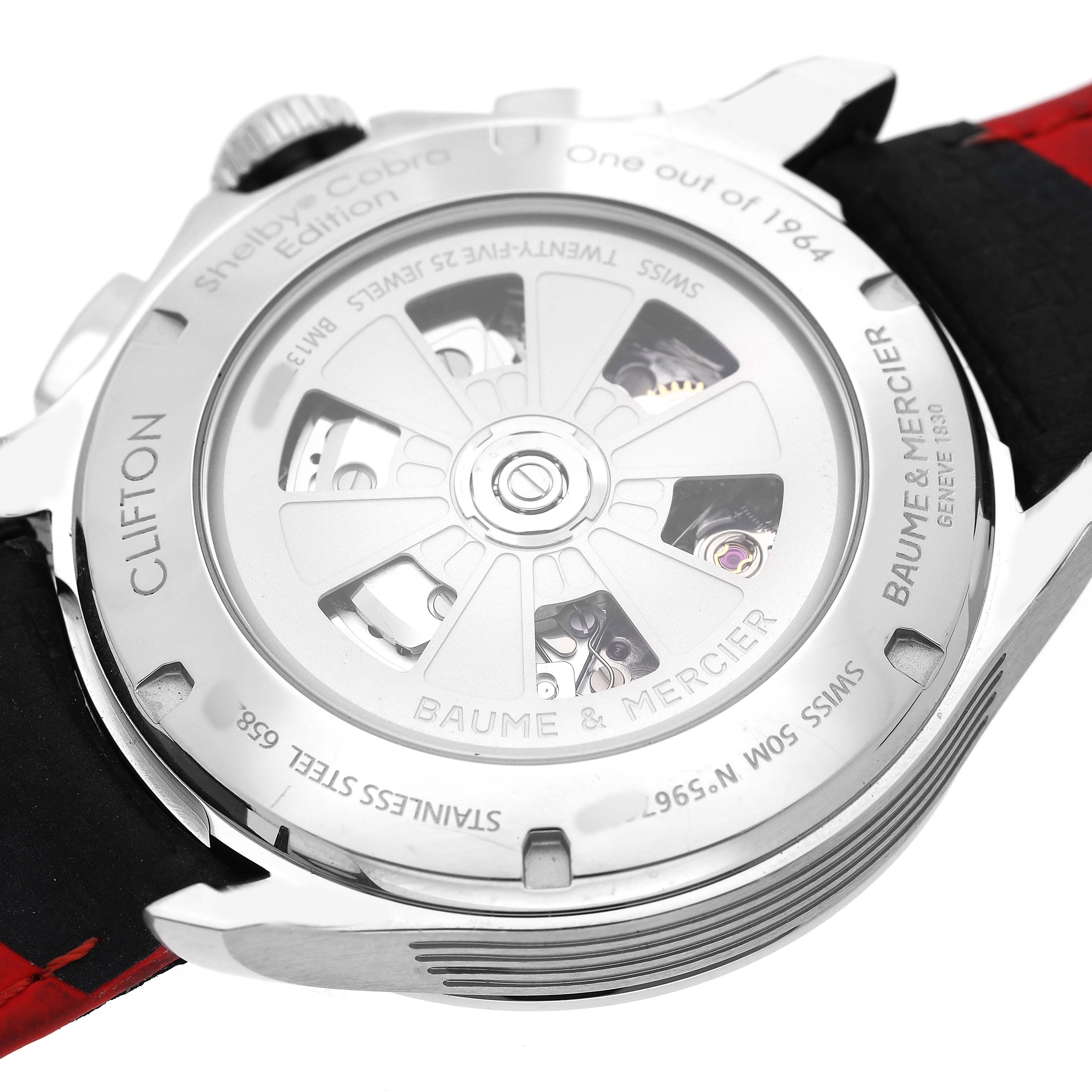 The image shows the back of the Baume & Mercier Clifton 65822 Men's Stainless Steel Blue Dial watch, featuring its open case back and movement details.