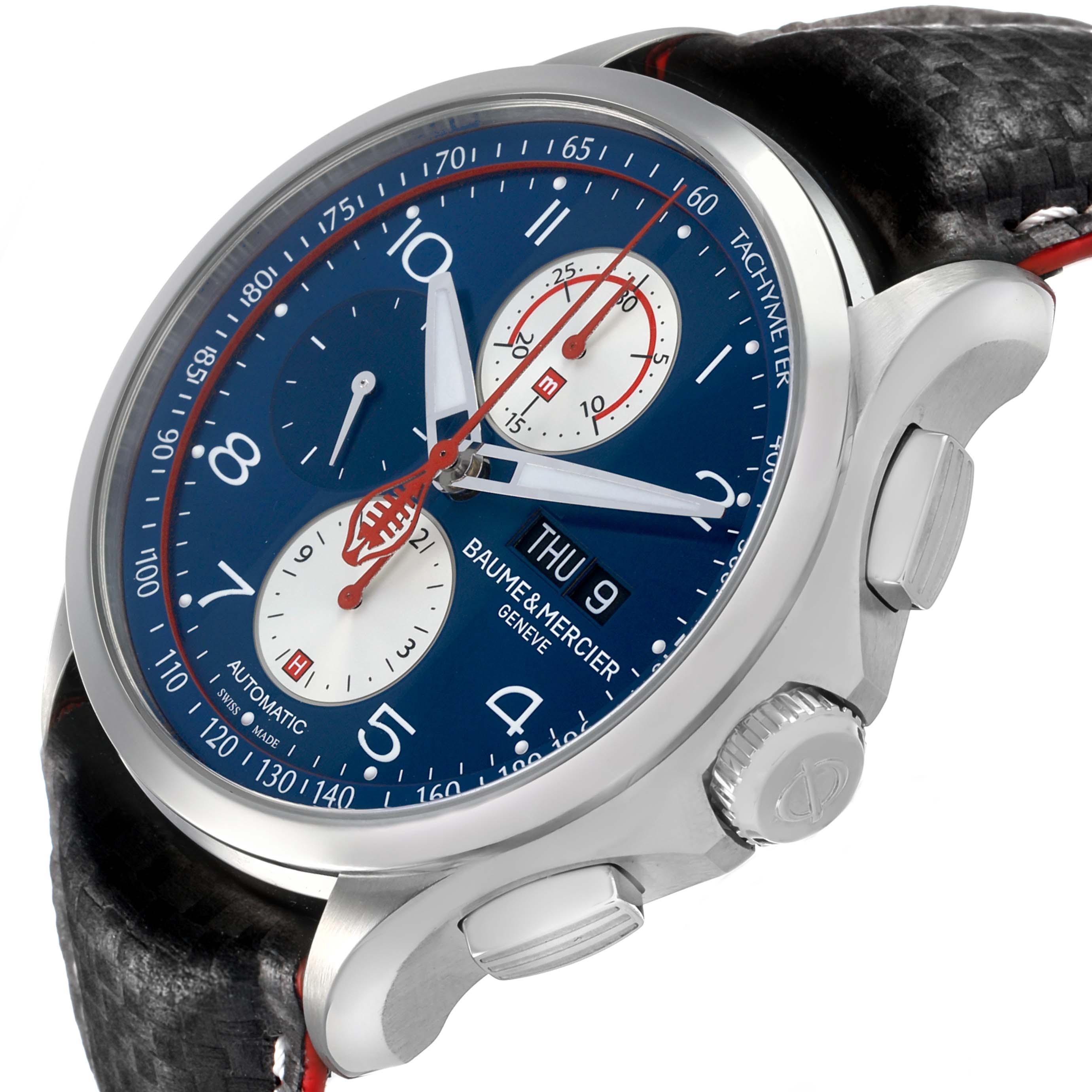 The Baume & Mercier Clifton 65822 Men's Stainless Steel Blue Dial model is shown at a side angle, highlighting its blue dial, sub-dials, crown, and textured black strap.