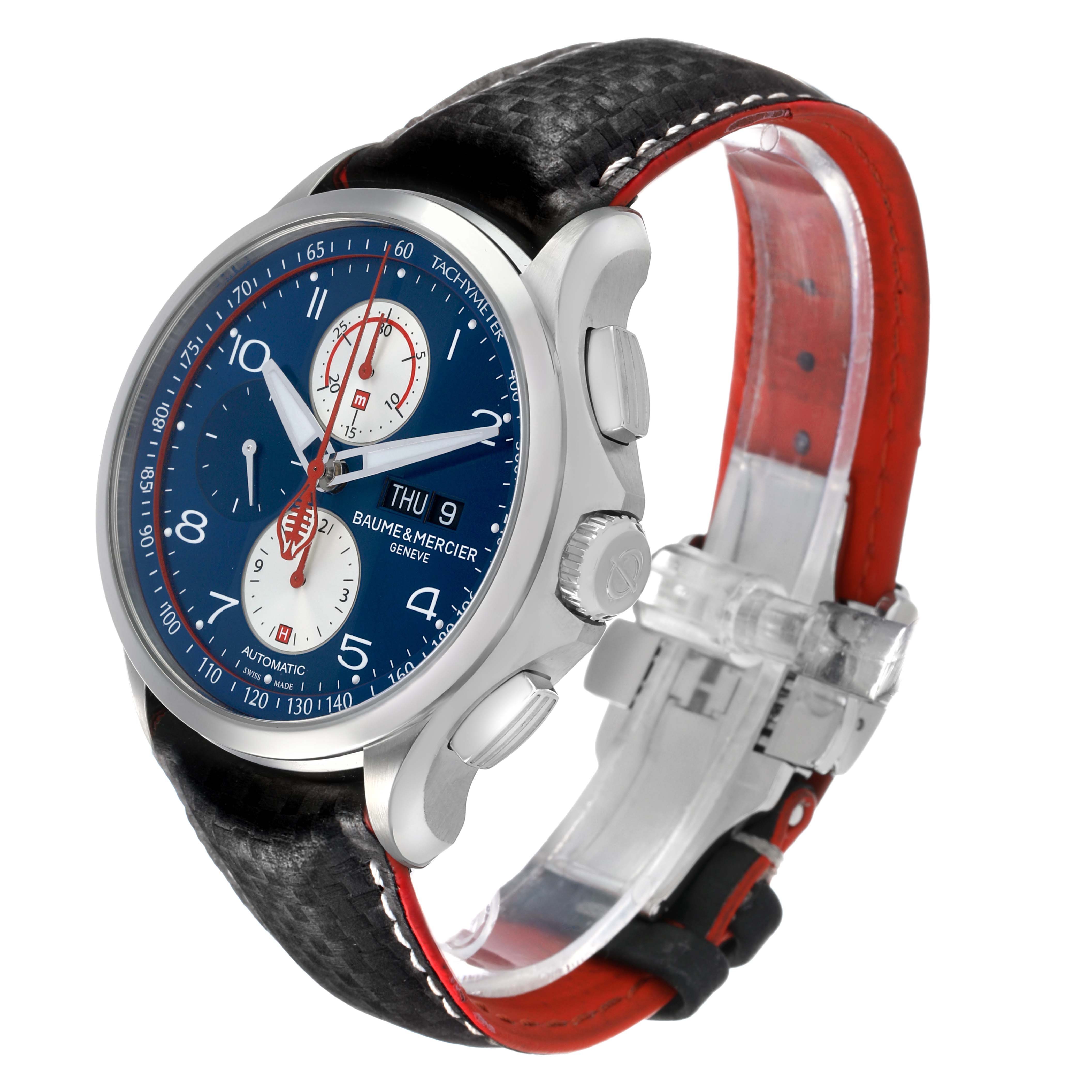 The Baume & Mercier Clifton 65822 Men's Stainless Steel Blue Dial watch is shown at a three-quarter angle, highlighting the blue dial, crown, pushers, and leather strap.