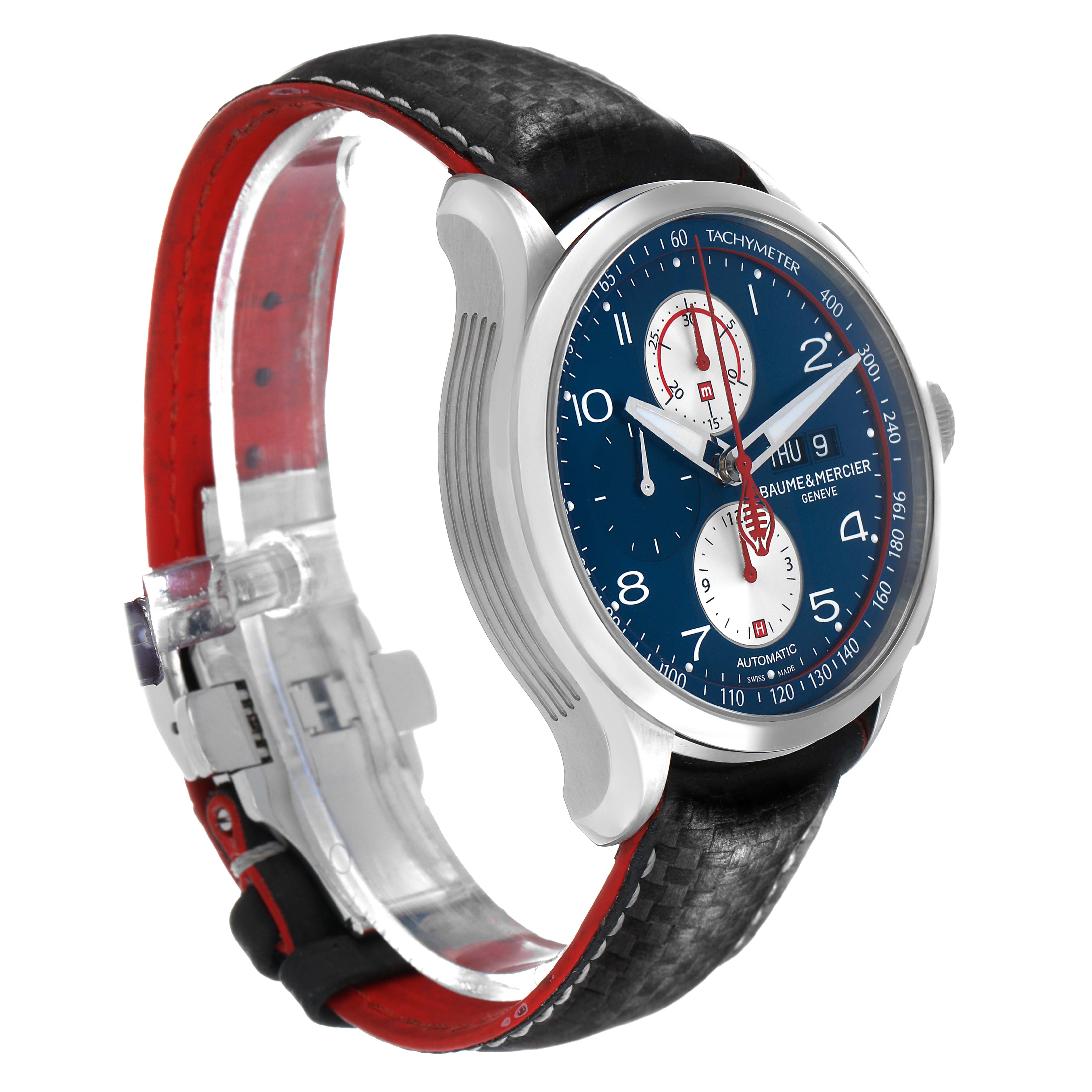 The Baume & Mercier Clifton 65822 Men's Stainless Steel Blue Dial watch is shown at a three-quarter angle, highlighting the face, case, and leather strap.