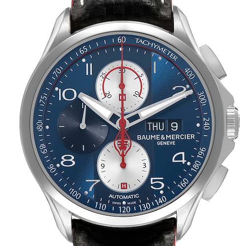 The Baume & Mercier Clifton 65822 Men's Stainless Steel Blue Dial watch is shown from the front, displaying the dial, chronograph subdials, and tachymeter.