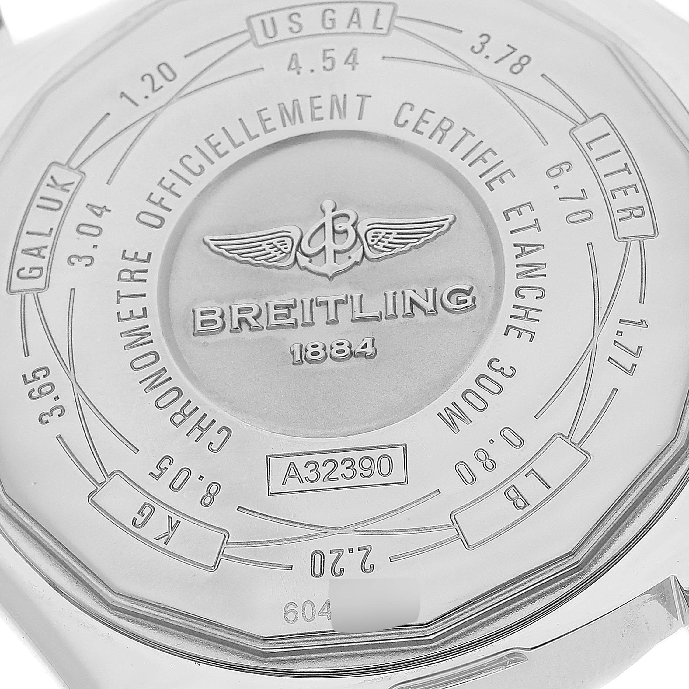 This image shows the back case of a Breitling Avenger A32390 Men's Stainless Steel Black Dial A32390 Men's Stainless Steel Black Dial watch detailing its certifications and specifications.