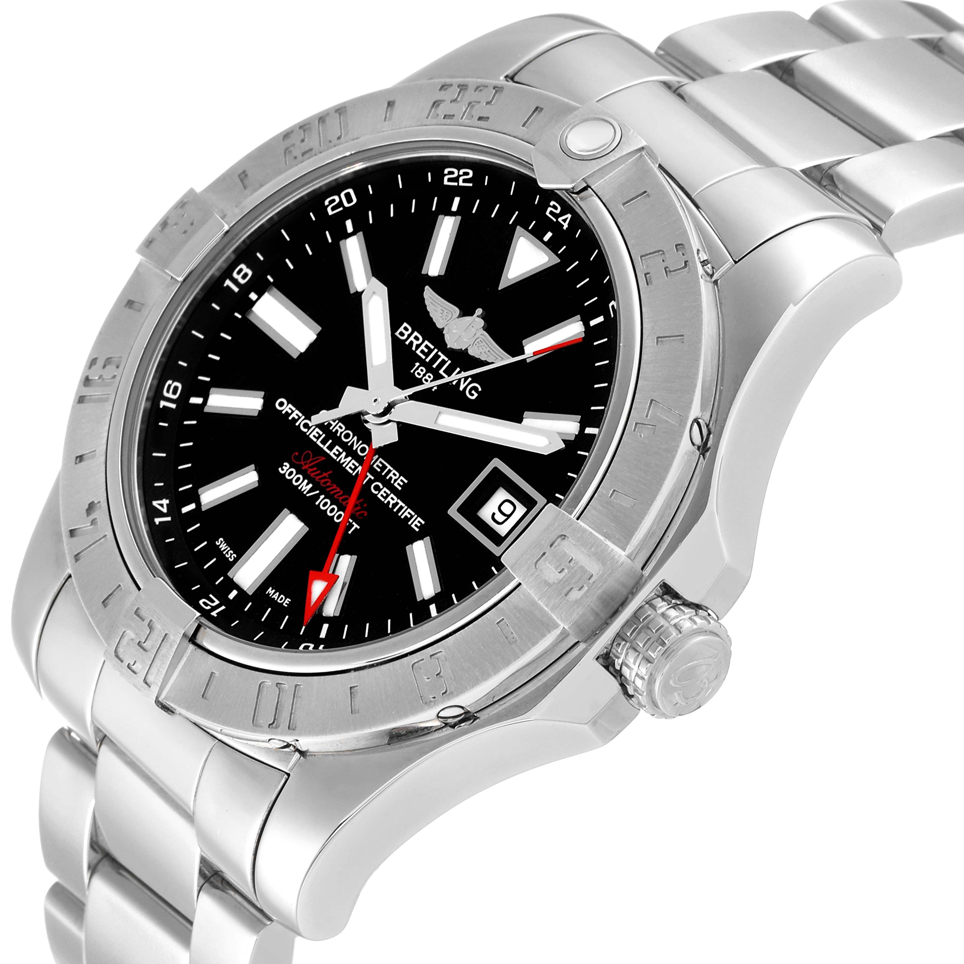 The image shows a Breitling Avenger A32390 Men's Stainless Steel Black Dial A32390 Men's Stainless Steel Black Dial watch at an oblique angle, highlighting the bezel, crown, dial, and part of the bracelet.