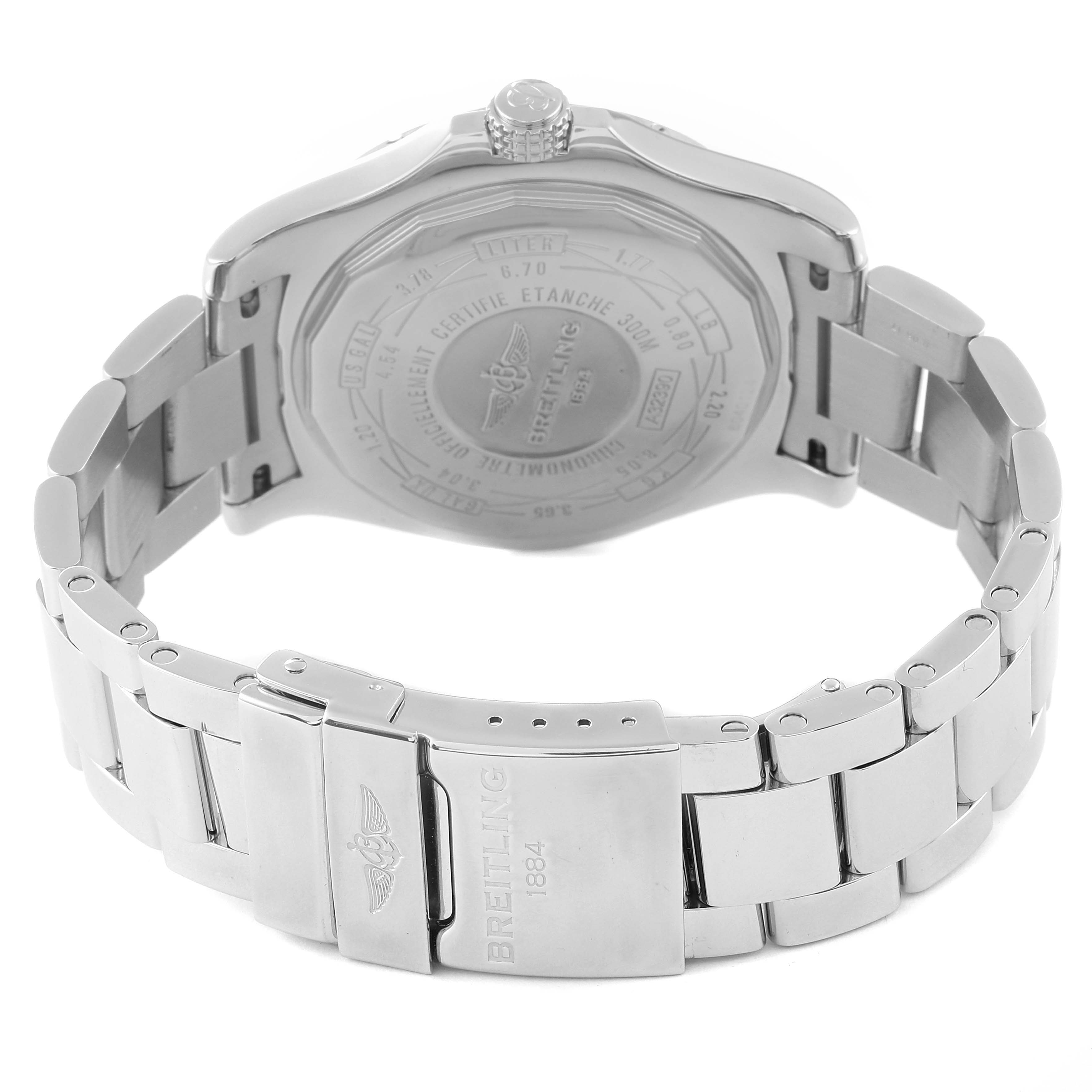 The image shows the back case and metal bracelet of the Breitling Avenger A32390 Men's Stainless Steel Black Dial A32390 Men's Stainless Steel Black Dial watch from a rear angle.