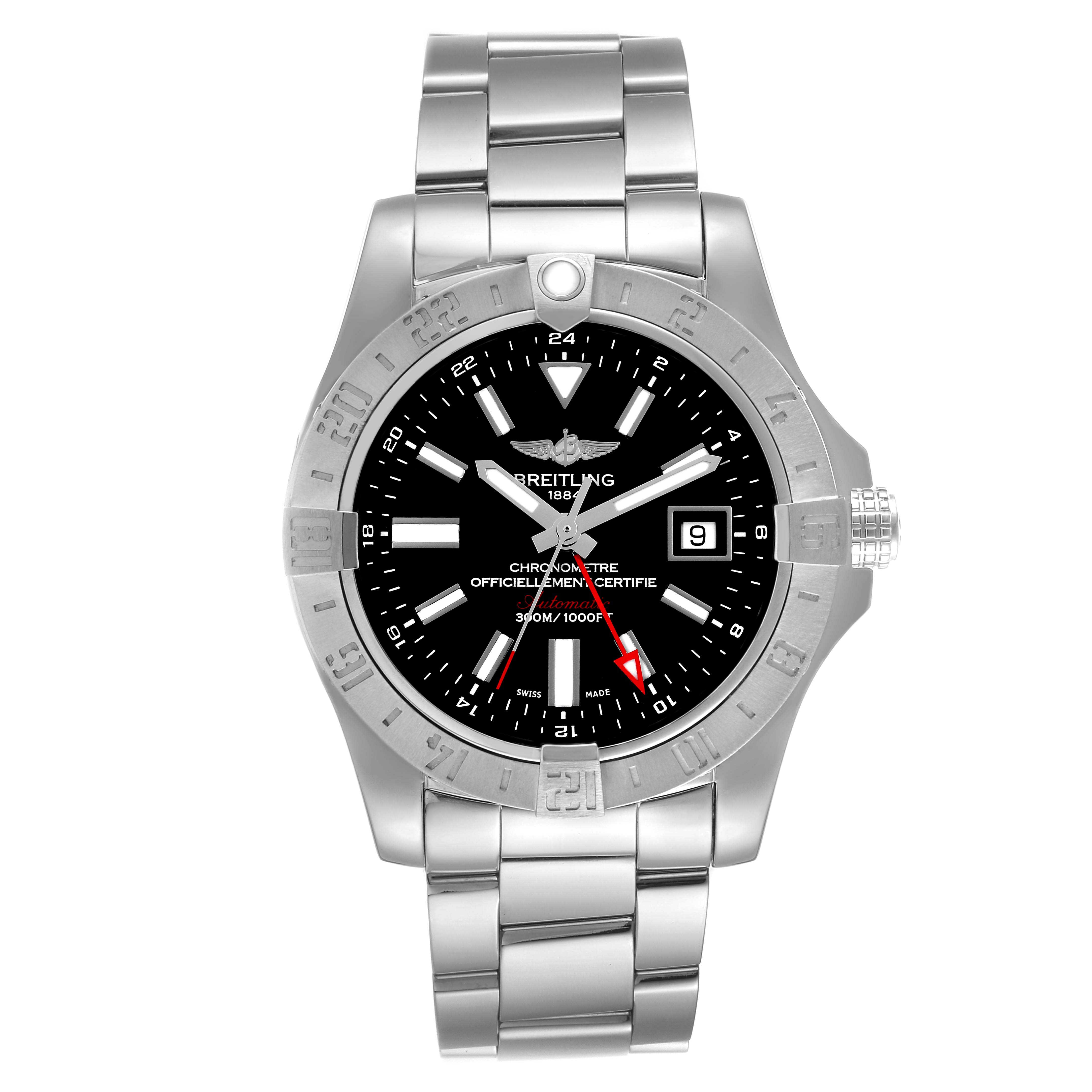 The image shows a frontal view of the Breitling Avenger A32390 Men's Stainless Steel Black Dial A32390 Men's Stainless Steel Black Dial watch, displaying the face, bezel, and bracelet.