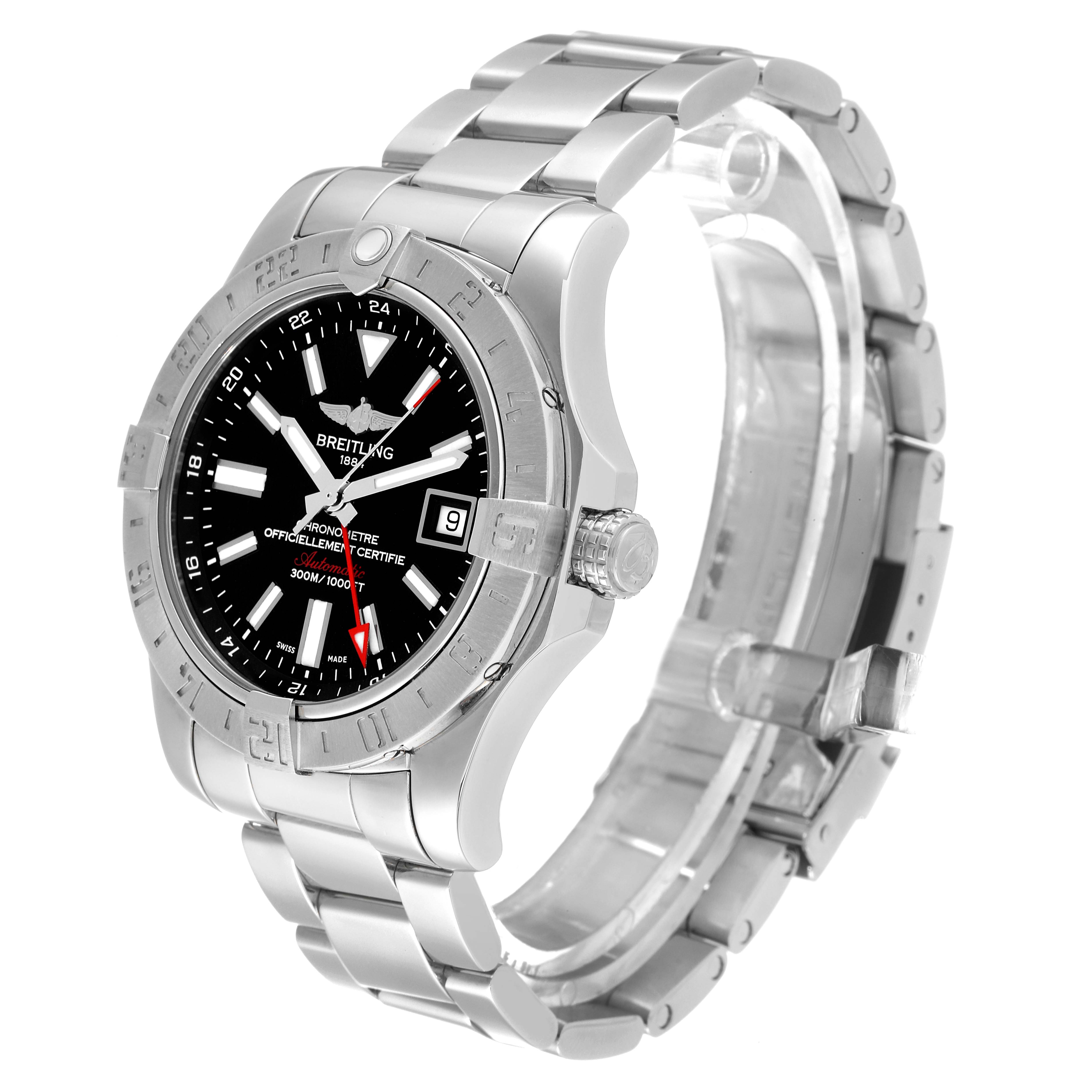 The image shows a Breitling Avenger A32390 Men's Stainless Steel Black Dial A32390 Men's Stainless Steel Black Dial watch at a three-quarter angle, highlighting its dial, bezel, crown, and bracelet.