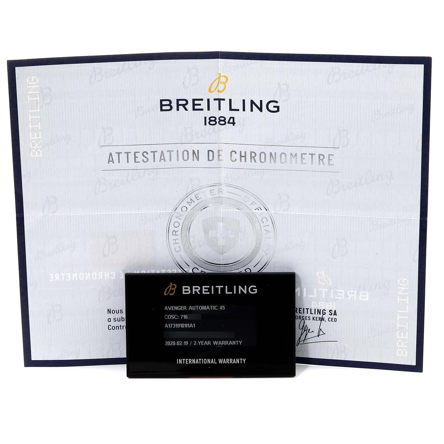The image shows the warranty card and chronometer certificate for a Breitling Avenger A17319 Men's Stainless Steel Yellow Dial A17319 Men's Stainless Steel Yellow Dial Automatic 45 watch.