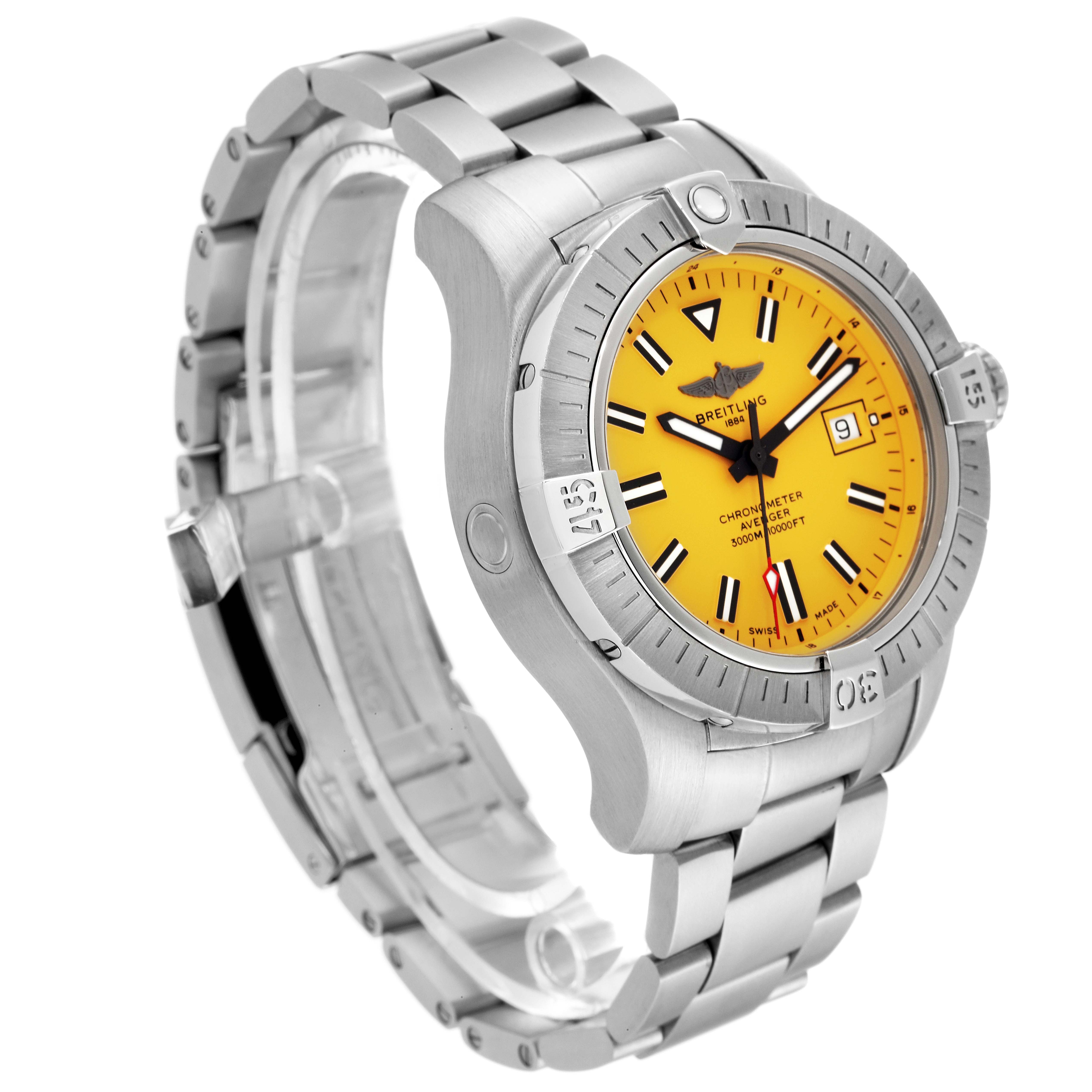 The image shows a side angle of a Breitling Avenger A17319 Men's Stainless Steel Yellow Dial A17319 Men's Stainless Steel Yellow Dial watch with a yellow dial and stainless steel bracelet.