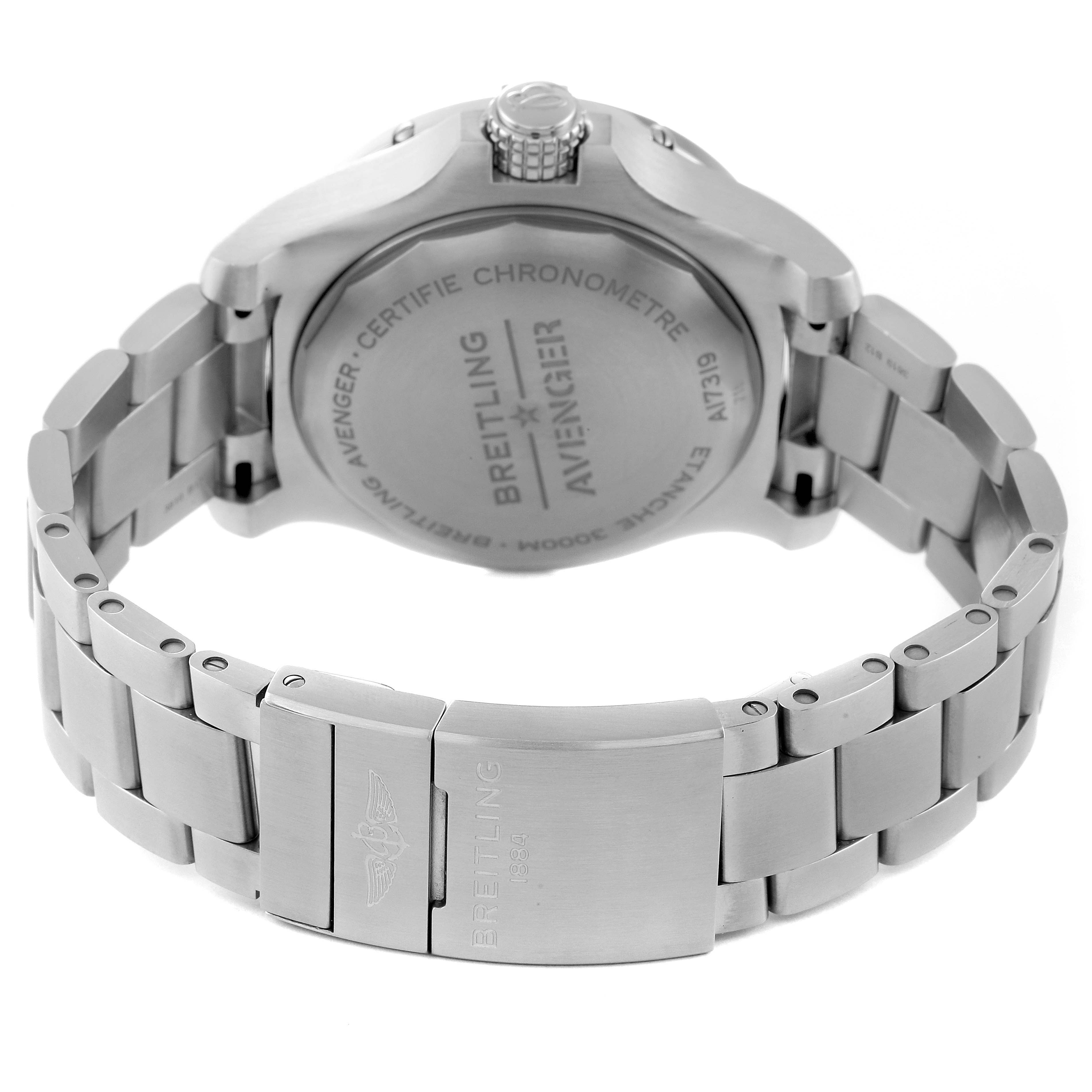 The image shows the back and bracelet clasp of a Breitling Avenger A17319 Men's Stainless Steel Yellow Dial A17319 Men's Stainless Steel Yellow Dial watch at a rear angle.