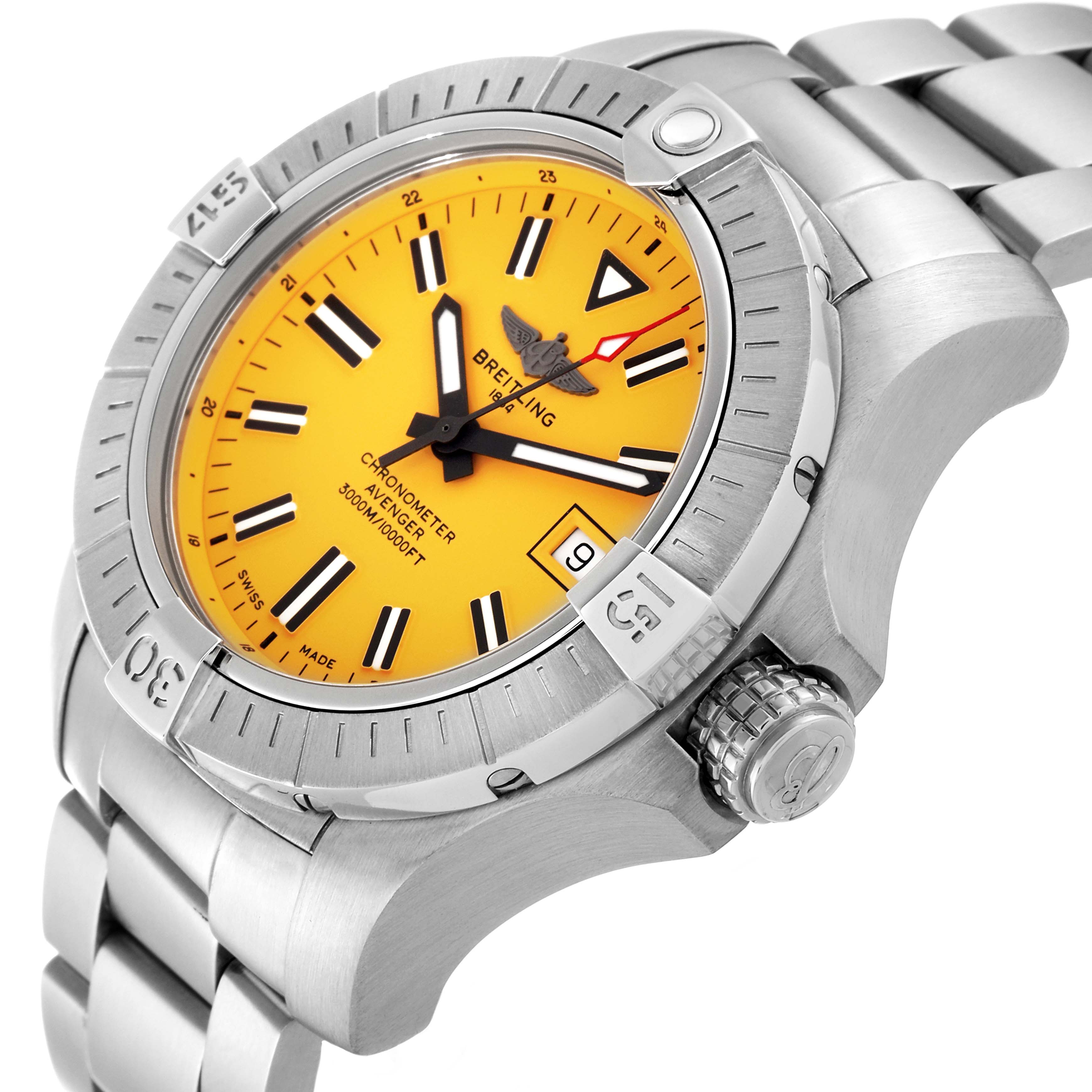 The image shows a Breitling Avenger A17319 Men's Stainless Steel Yellow Dial A17319 Men's Stainless Steel Yellow Dial watch at an angle highlighting its yellow dial, bezel, crown, and part of the bracelet.