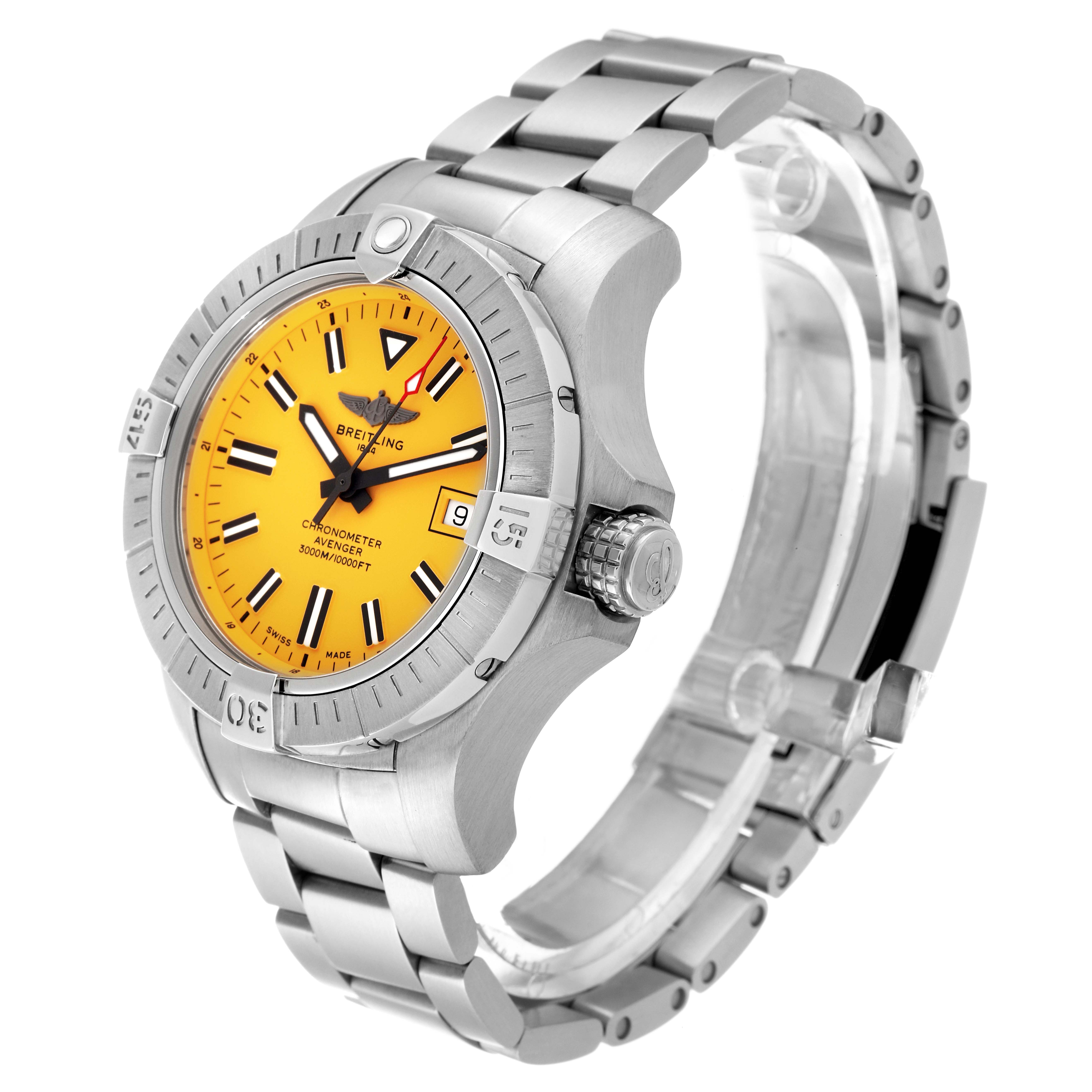 This Breitling Avenger A17319 Men's Stainless Steel Yellow Dial A17319 Men's Stainless Steel Yellow Dial watch image shows a front-side angle, with the dial, bezel, crown, and metal bracelet strap visible.