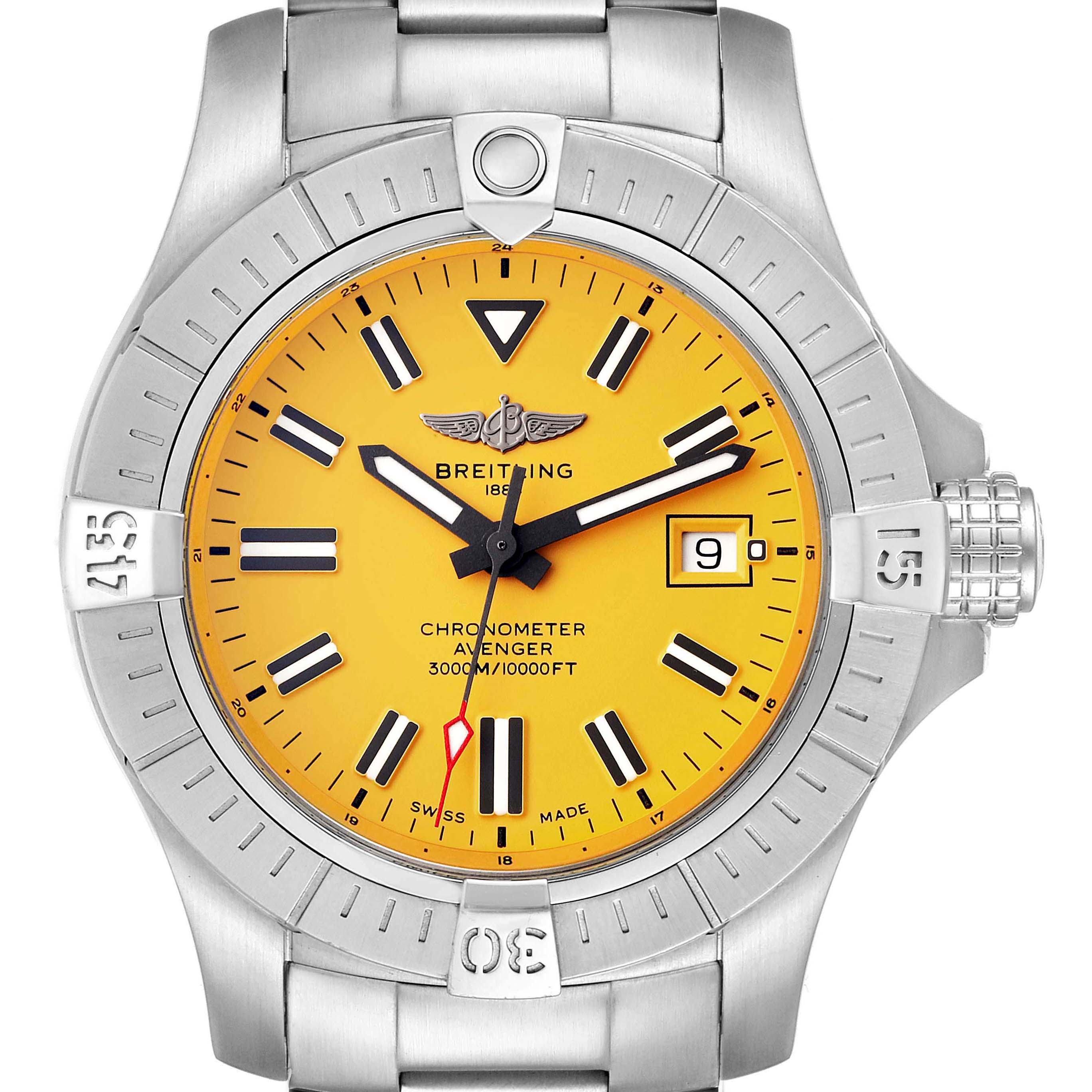 The image shows a front angle of a Breitling Avenger A17319 Men's Stainless Steel Yellow Dial A17319 Men's Stainless Steel Yellow Dial watch with a yellow dial and stainless steel bracelet.