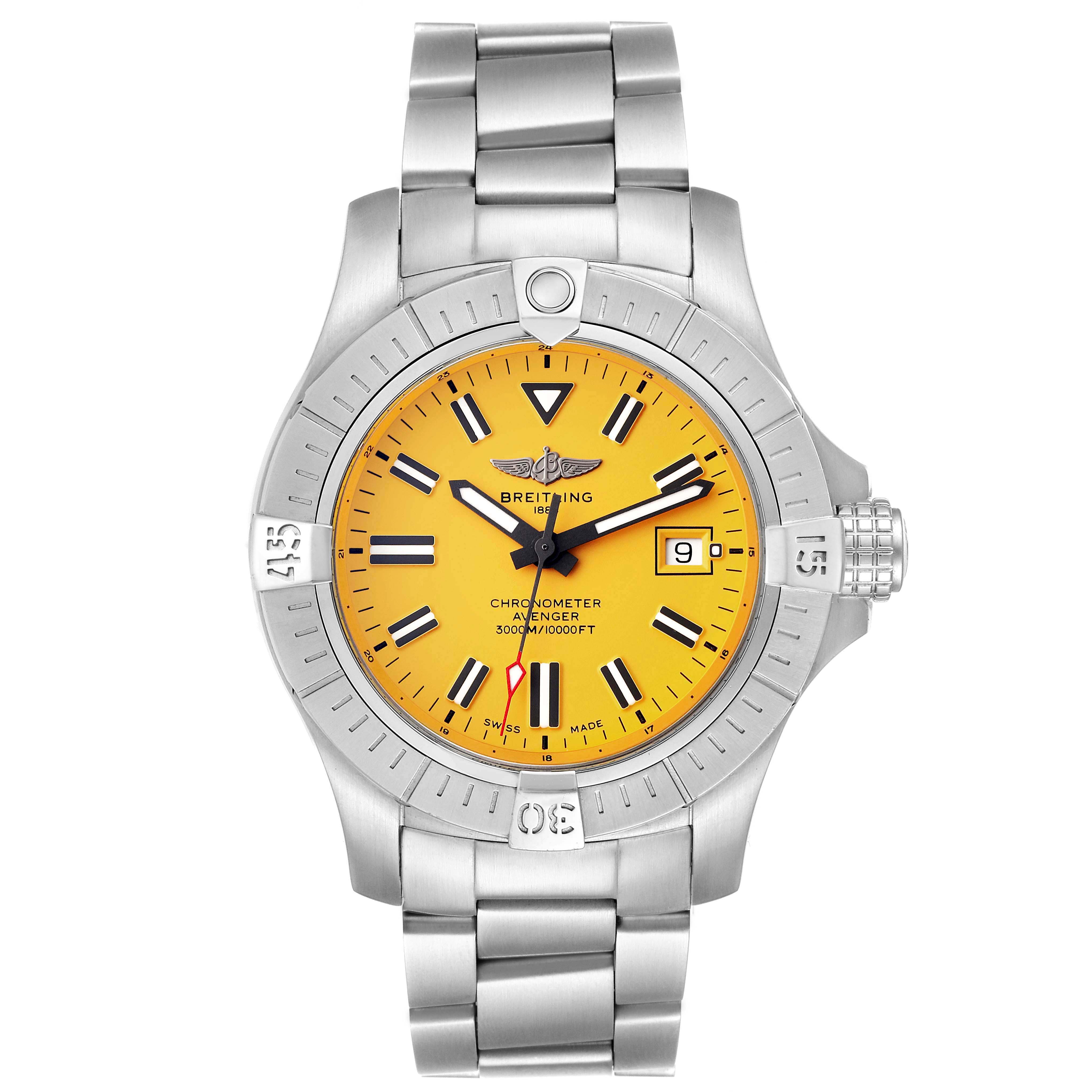 The image shows a front view of a Breitling Avenger A17319 Men's Stainless Steel Yellow Dial A17319 Men's Stainless Steel Yellow Dial watch, highlighting its yellow dial and stainless steel bracelet.