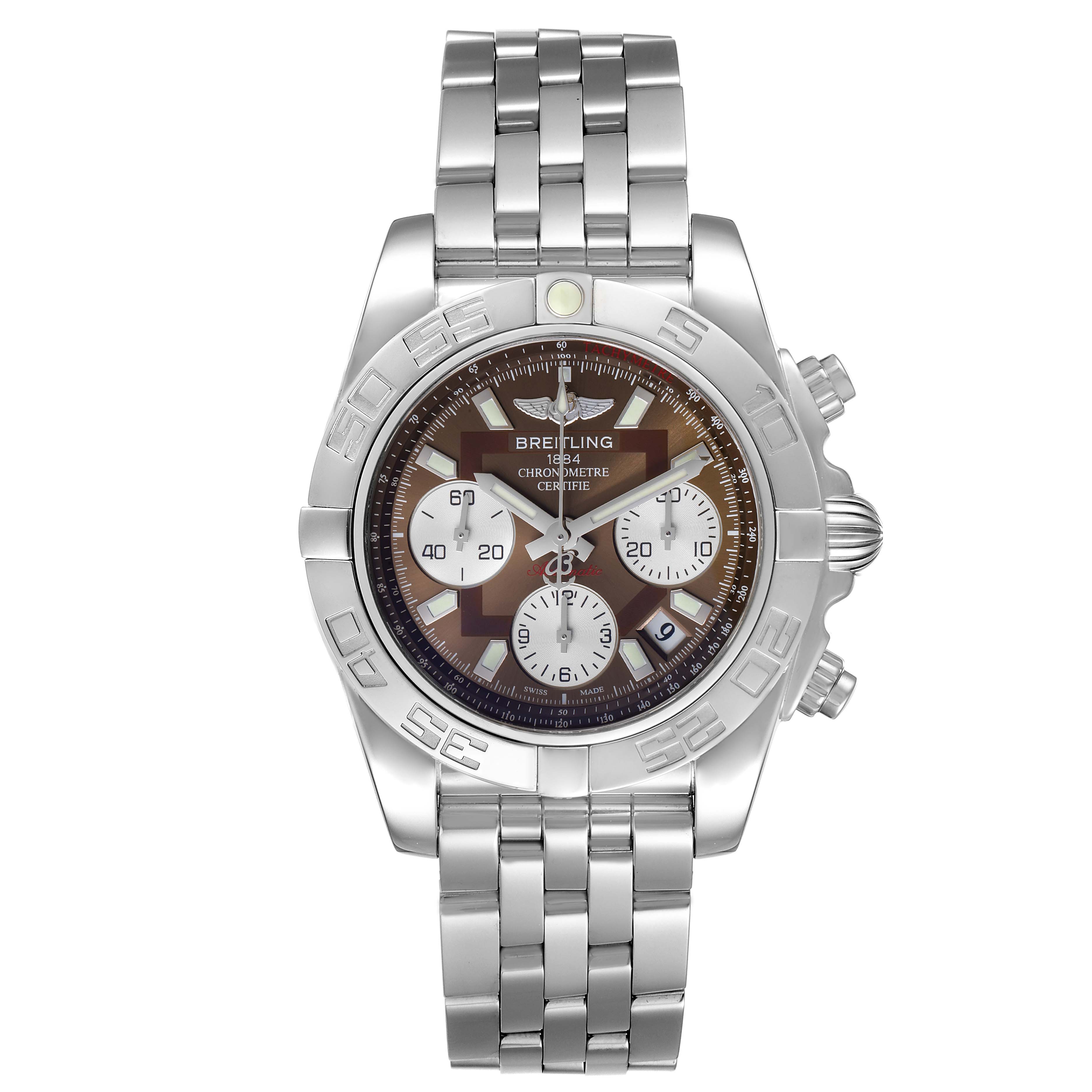 This image shows a front view of the Breitling Chronomat AB0140 Men's Stainless Steel Brown Dial AB0140 Men's Stainless Steel Brown Dial watch, highlighting its bezel, dial, and bracelet.