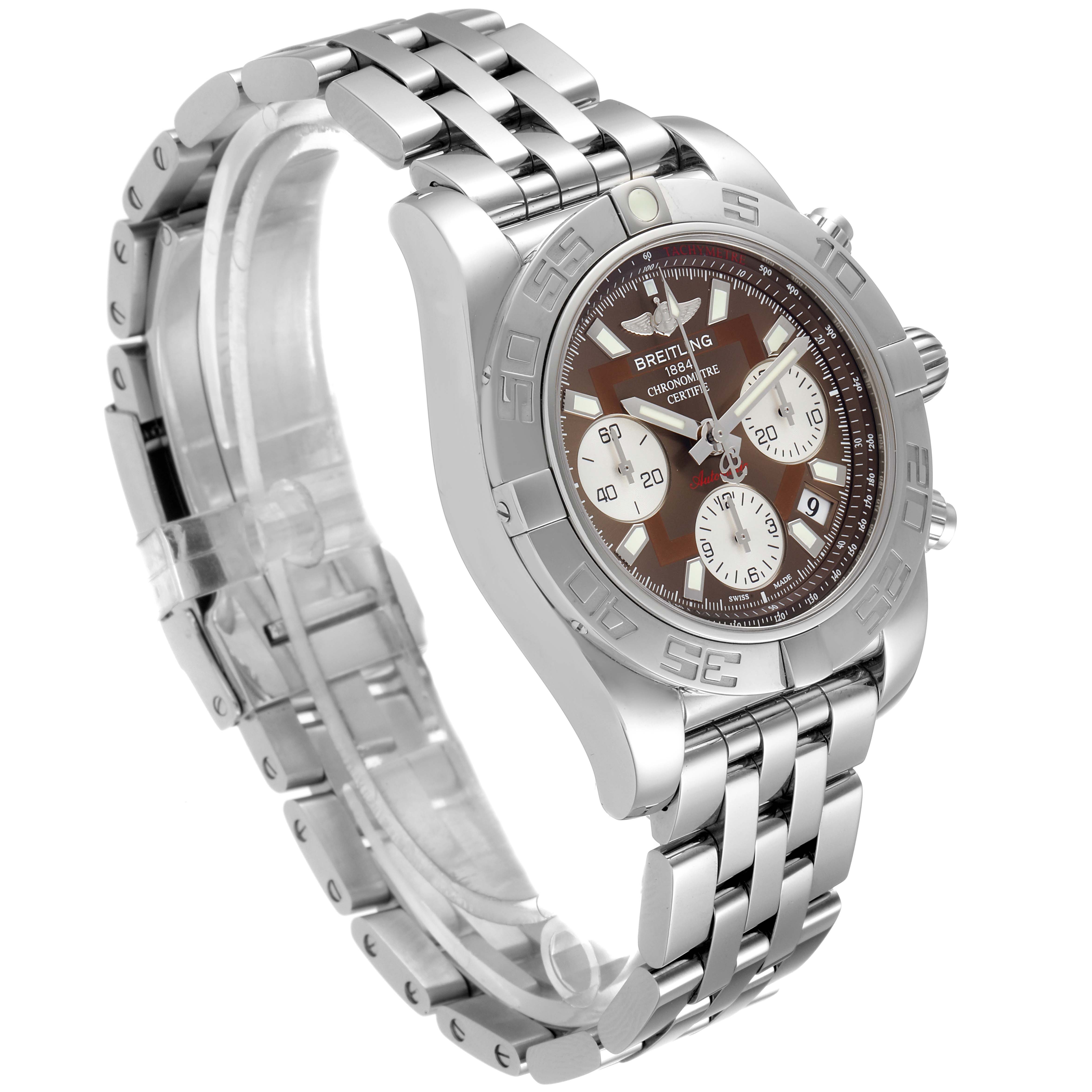 The image shows a side and front angle view of a Breitling Chronomat AB0140 Men's Stainless Steel Brown Dial AB0140 Men's Stainless Steel Brown Dial watch, displaying its metal bracelet, dial, and bezel.