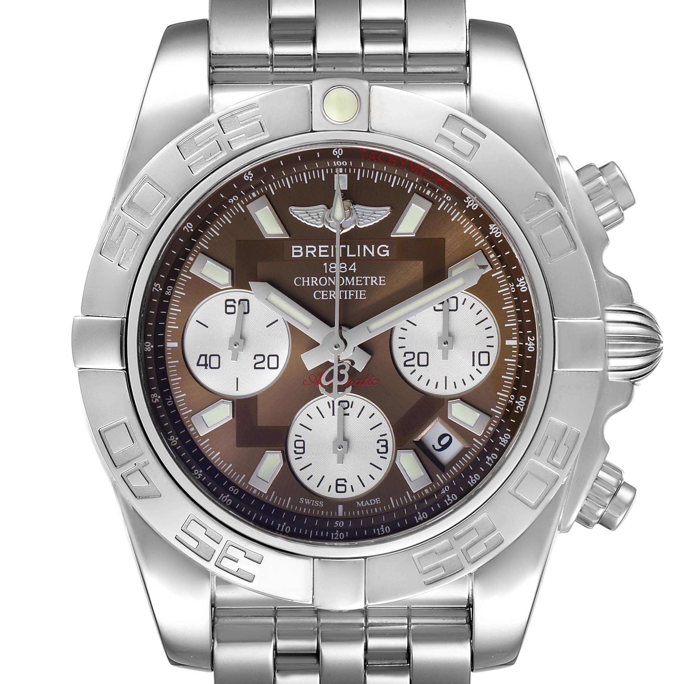 The image shows a front view of the Breitling Chronomat AB0140 Men's Stainless Steel Brown Dial AB0140 Men's Stainless Steel Brown Dial watch, highlighting the dial, bezel, and stainless steel bracelet.
